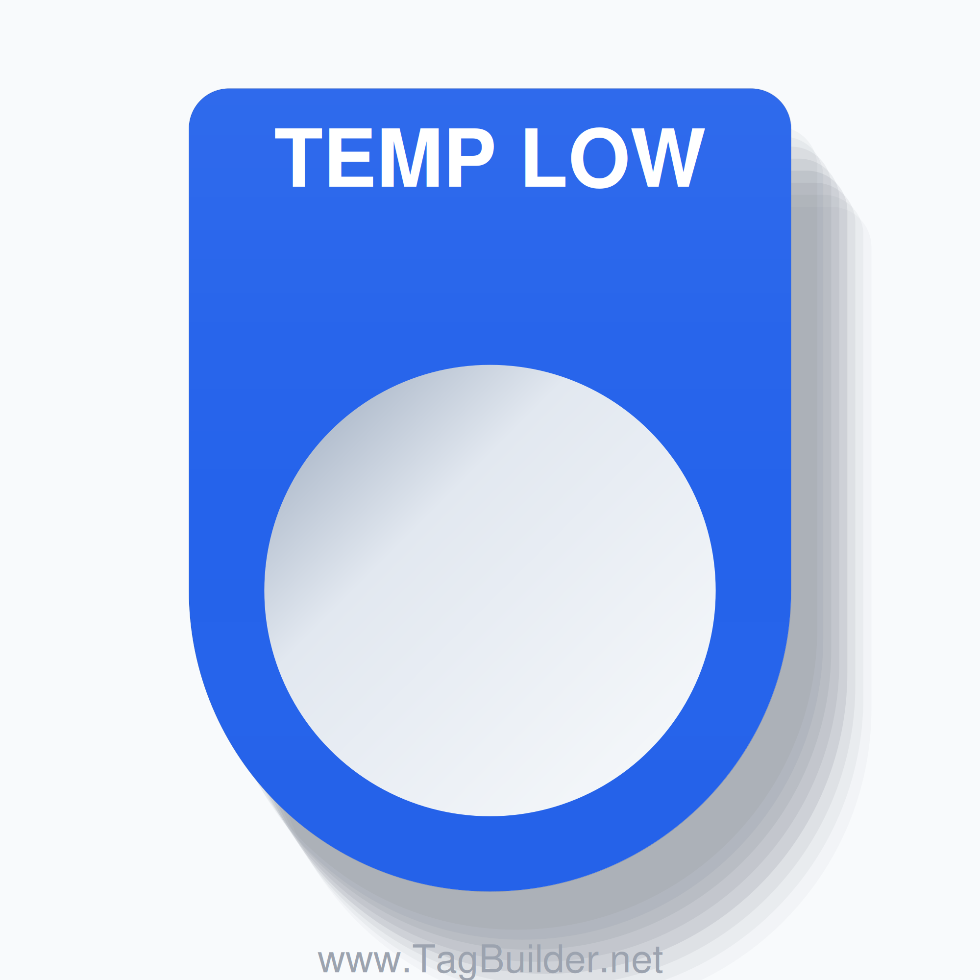 22mm Ring Tag – TEMP LOW, Single-Line Slim, White on Blue