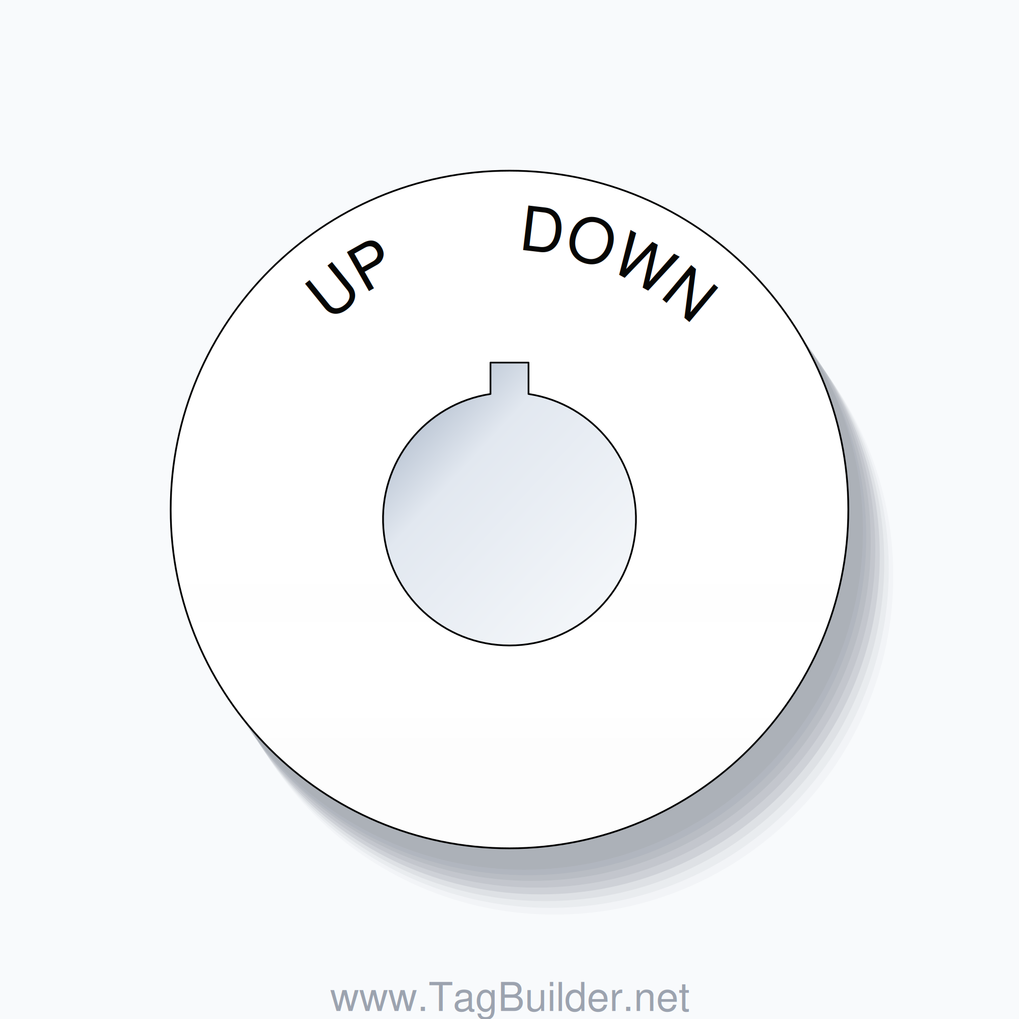 22mm Ring Tag – UP       DOWN, Single-Line 60mm Round, Allen-Bradley Compatible, Black on White