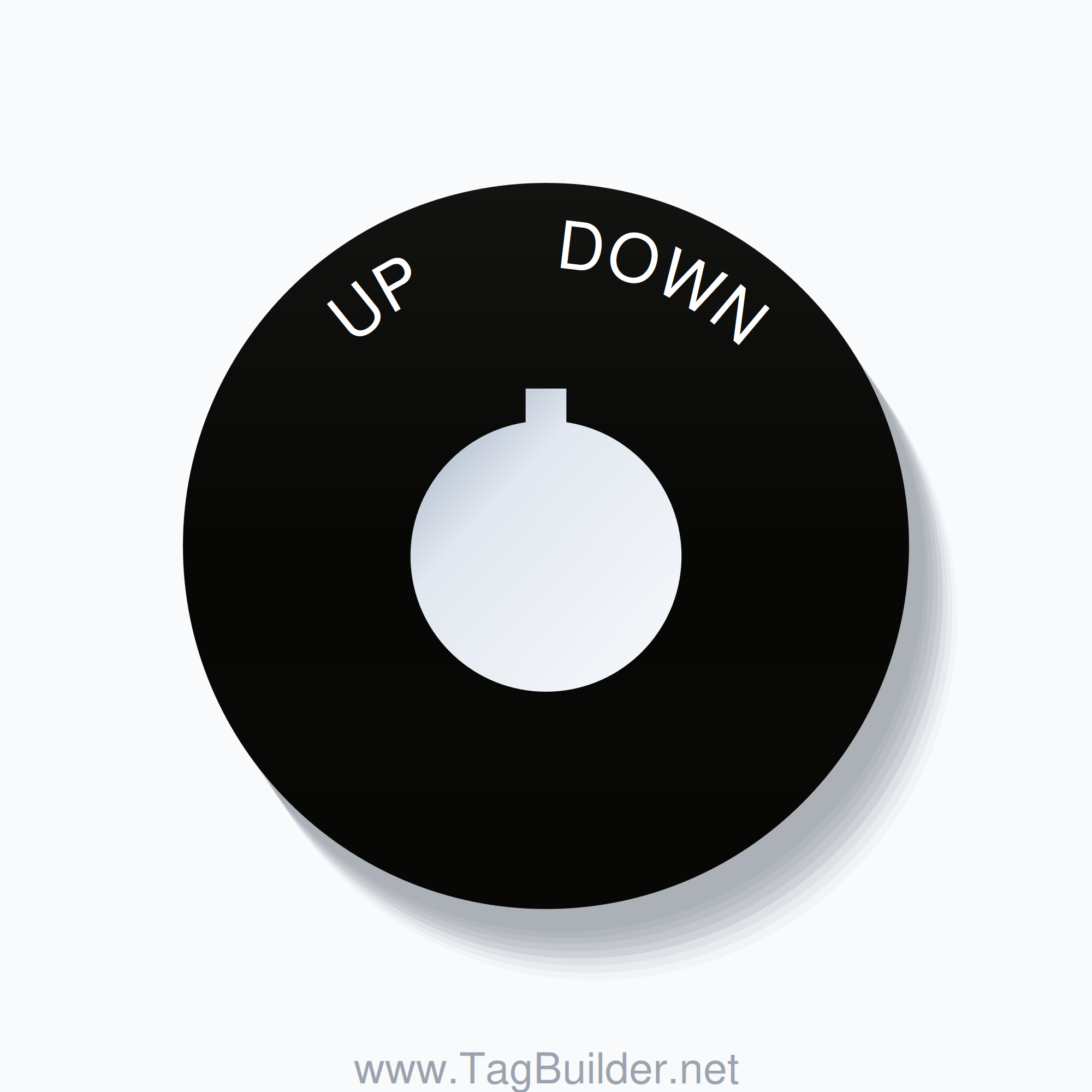 22mm Ring Tag – UP       DOWN, Single-Line 60mm Round, Allen-Bradley Compatible, White on Black