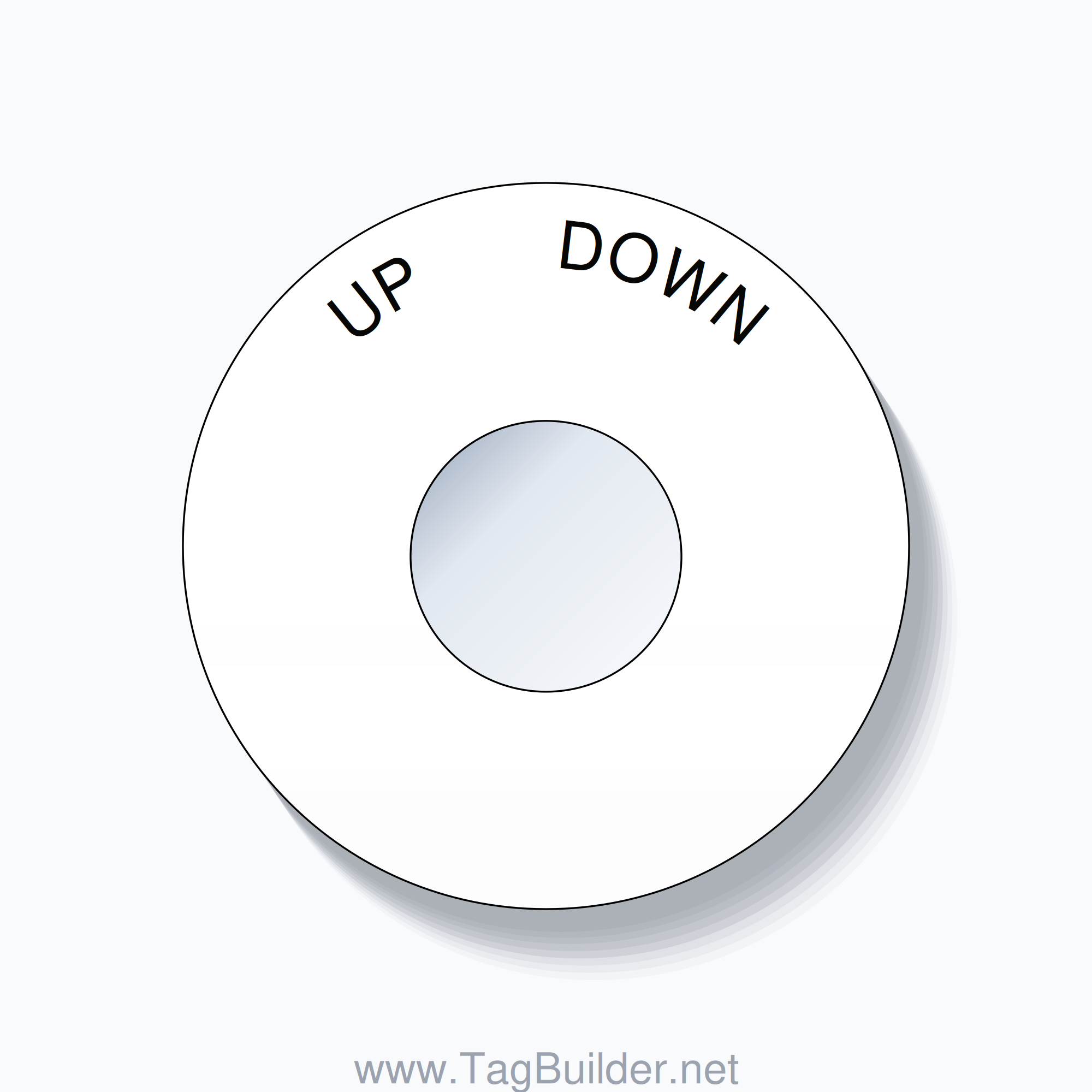 22mm Ring Tag – UP       DOWN, Single-Line 60mm Round, Black on White