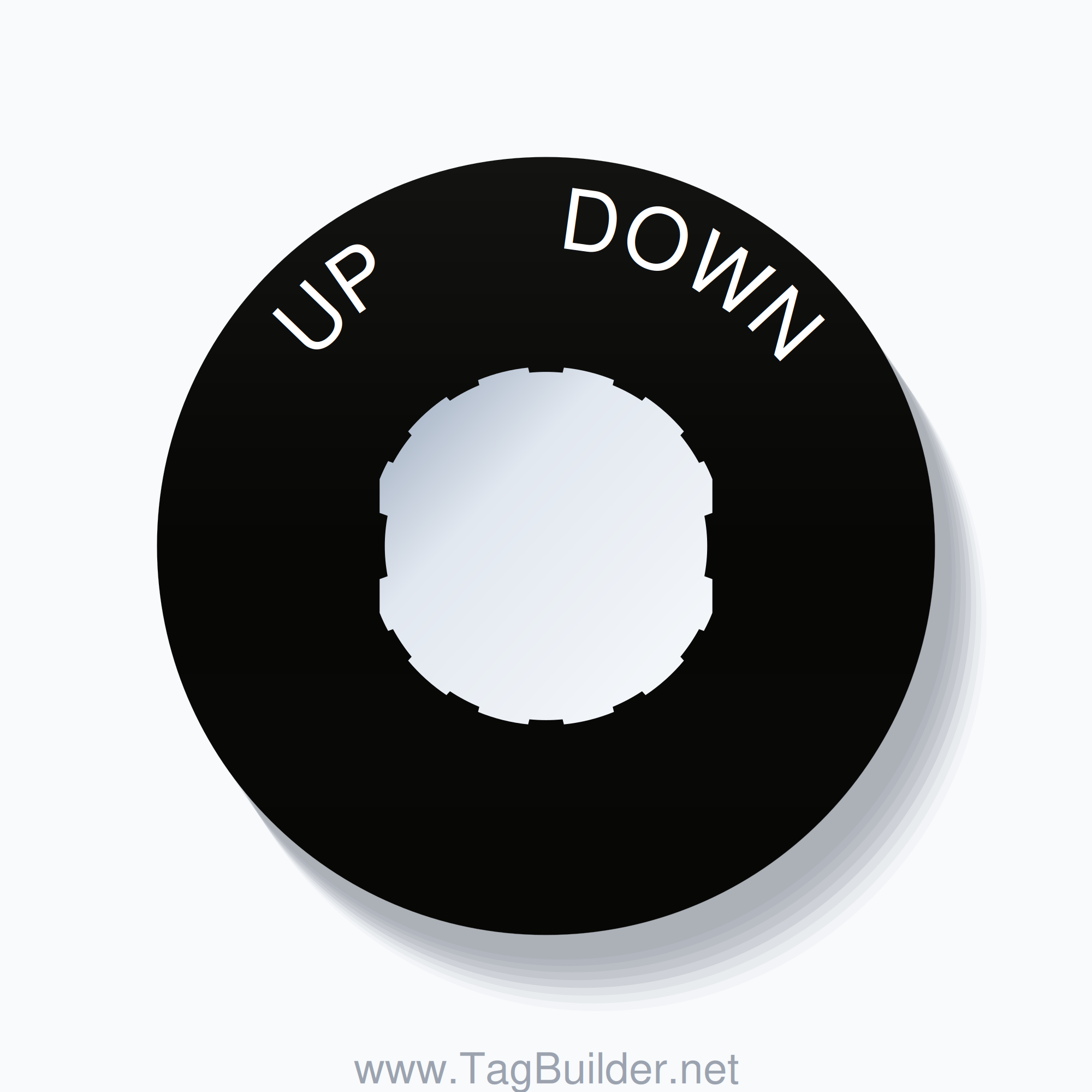 22mm Ring Tag – UP       DOWN, Single-Line 60mm Round, Schneider Electric Compatible, White on Black