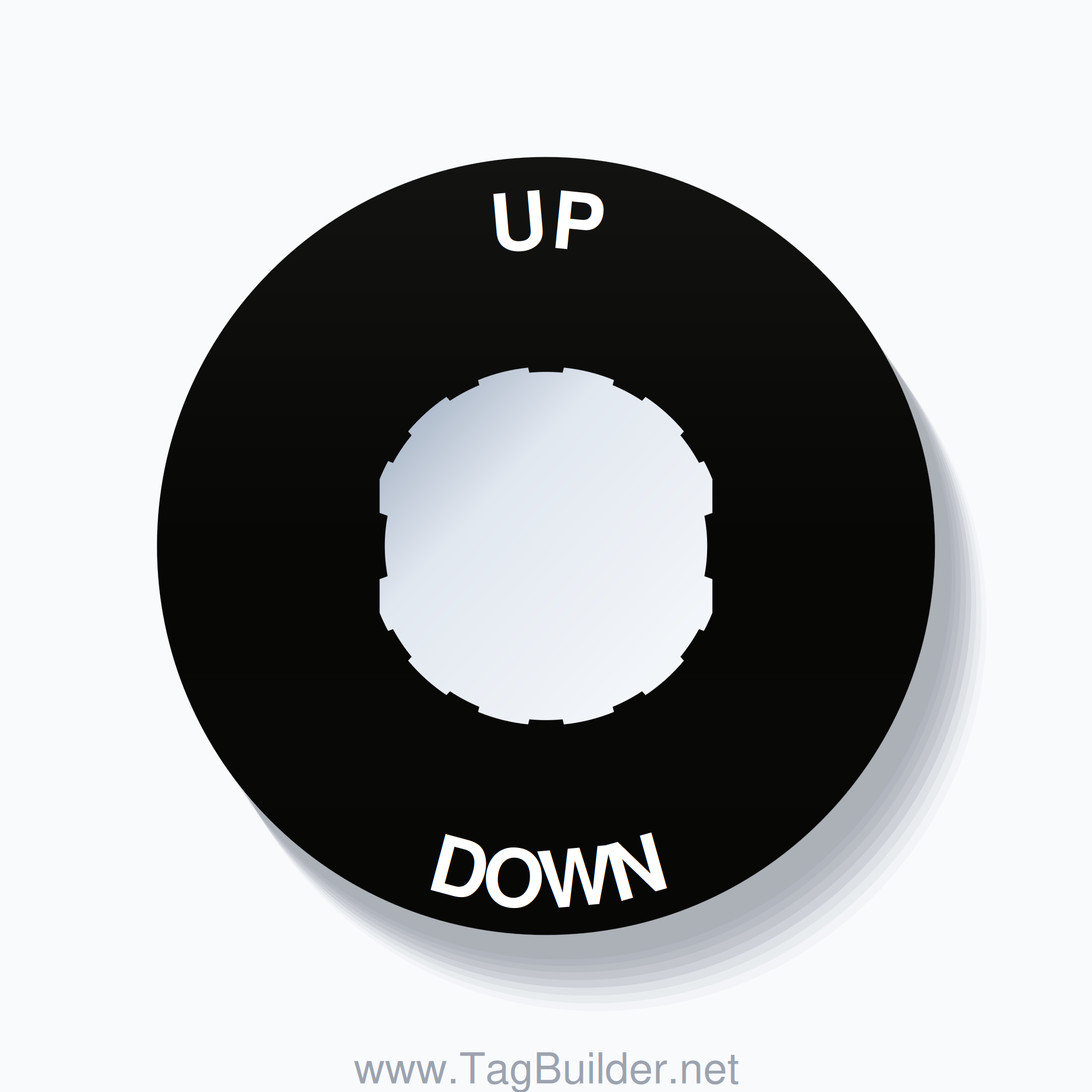22mm Ring Tag – UP DOWN, Single-Line 60mm Round, Schneider Electric Compatible, White on Black
