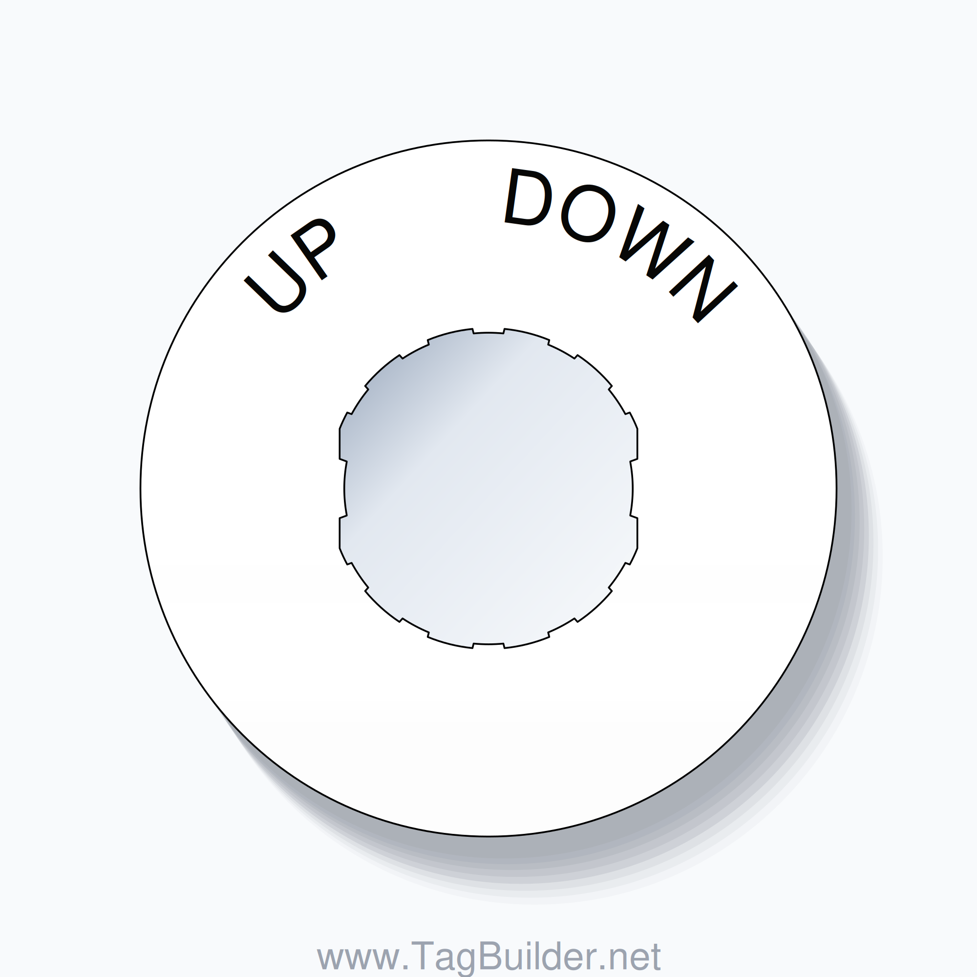 22mm Ring Tag – UP       DOWN, Single-Line 60mm Round, Schneider Electric Compatible, Black on White