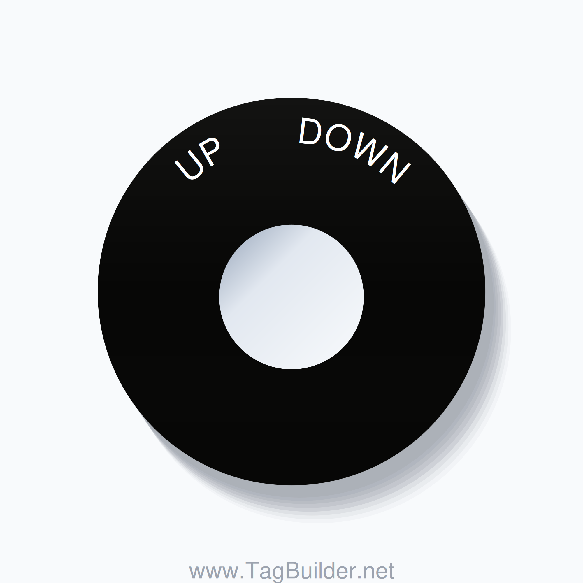 22mm Ring Tag – UP       DOWN, Single-Line 60mm Round, White on Black