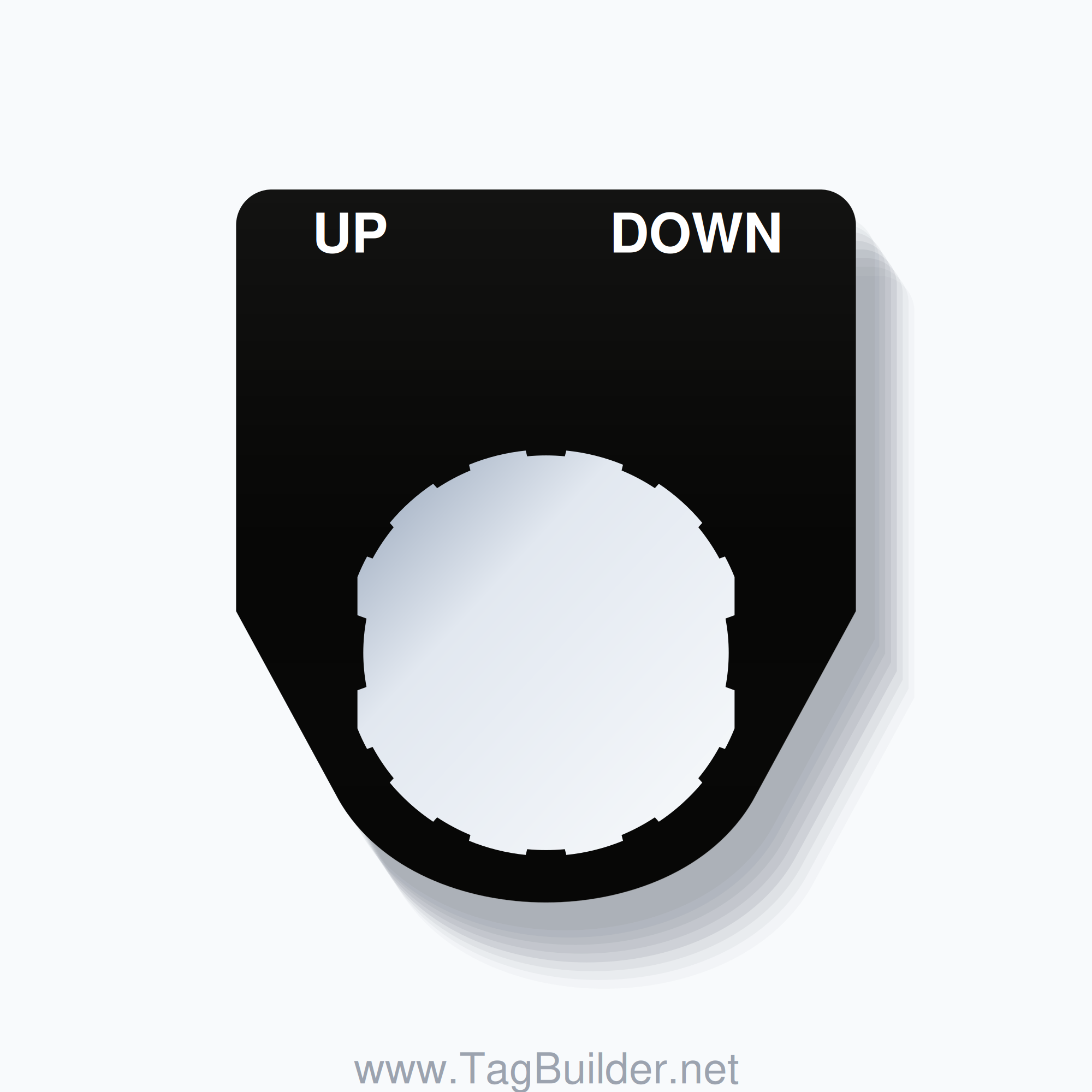 22mm Ring Tag – UP DOWN, Two-Line Traditional, Schneider Electric Compatible, White on Black