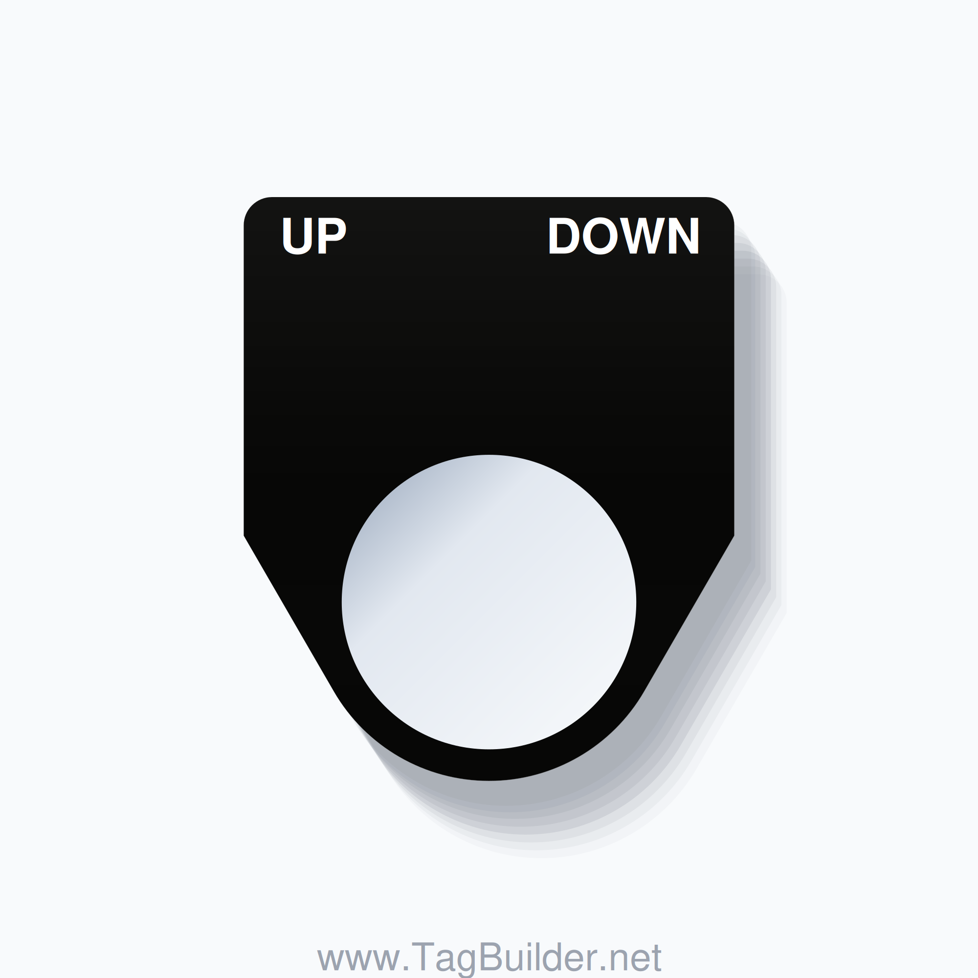 22mm Ring Tag – UP DOWN, Two-Line Traditional, White on Black
