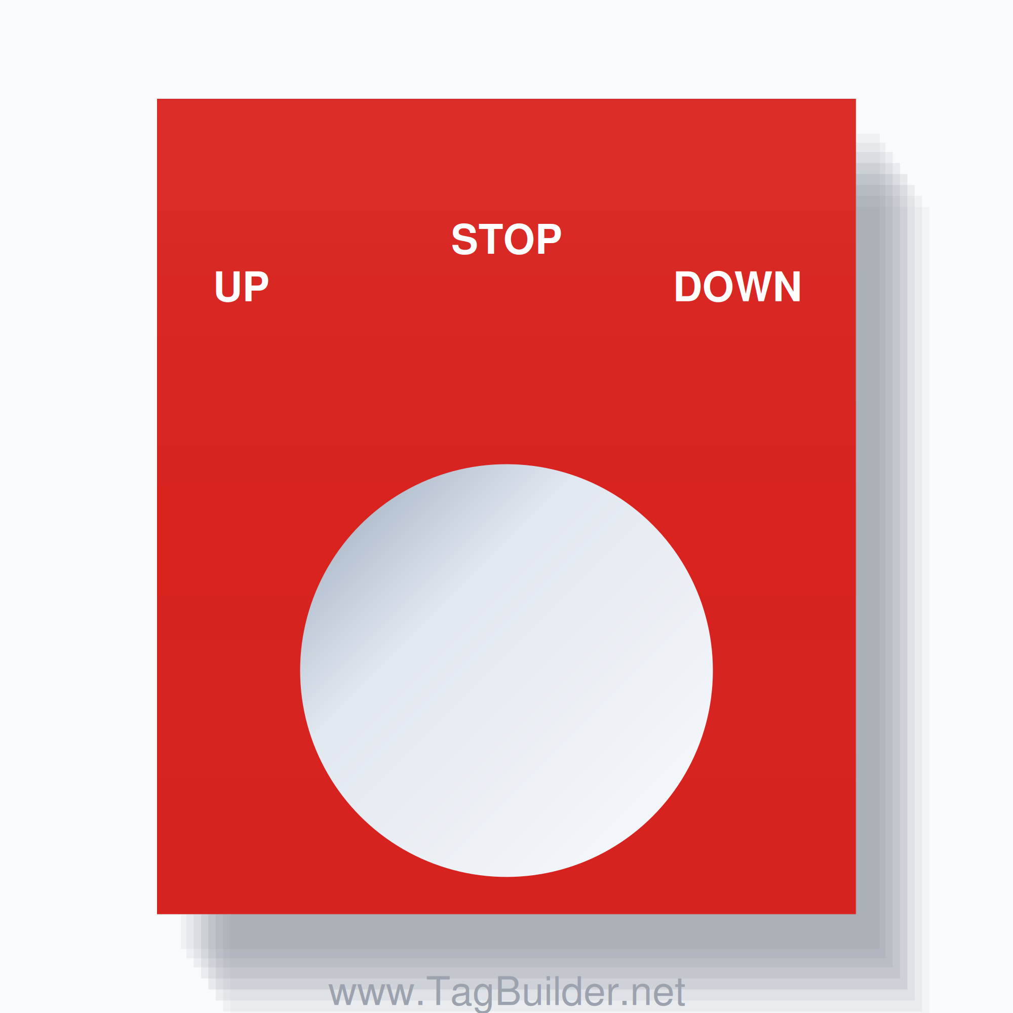 22mm Ring Tag – UP STOP DOWN, Three-Line Square, White on Red