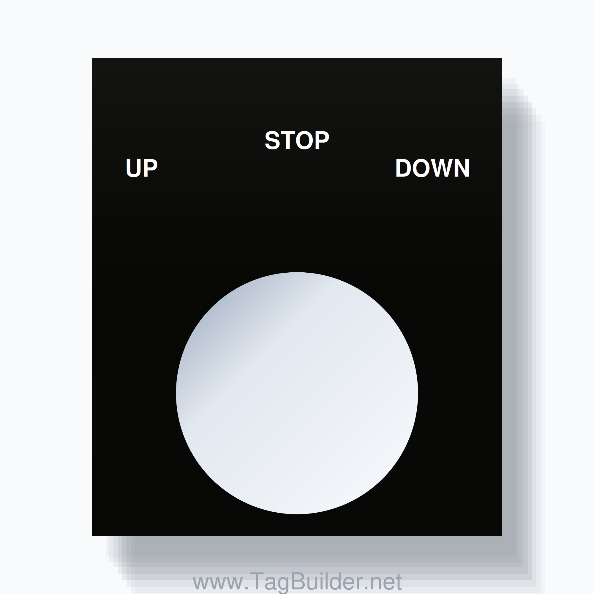 22mm Ring Tag – UP STOP DOWN, Three-Line Square, White on Black