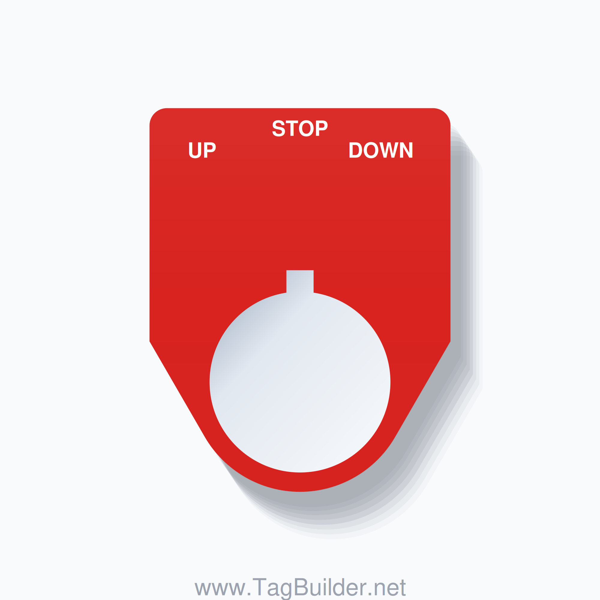 22mm Ring Tag – UP STOP DOWN, Three-Line Traditional, Allen-Bradley Compatible, White on Red