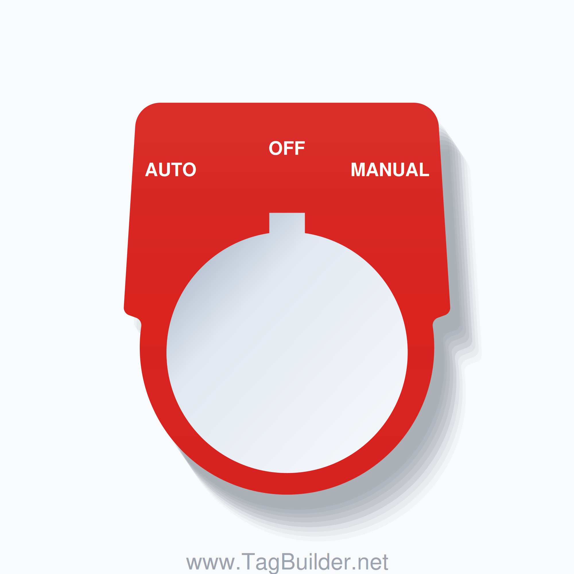 30mm Ring Tag – AUTO OFF MANUAL, Three-Line Harmony 9001K, Allen-Bradley Compatible, White on Red