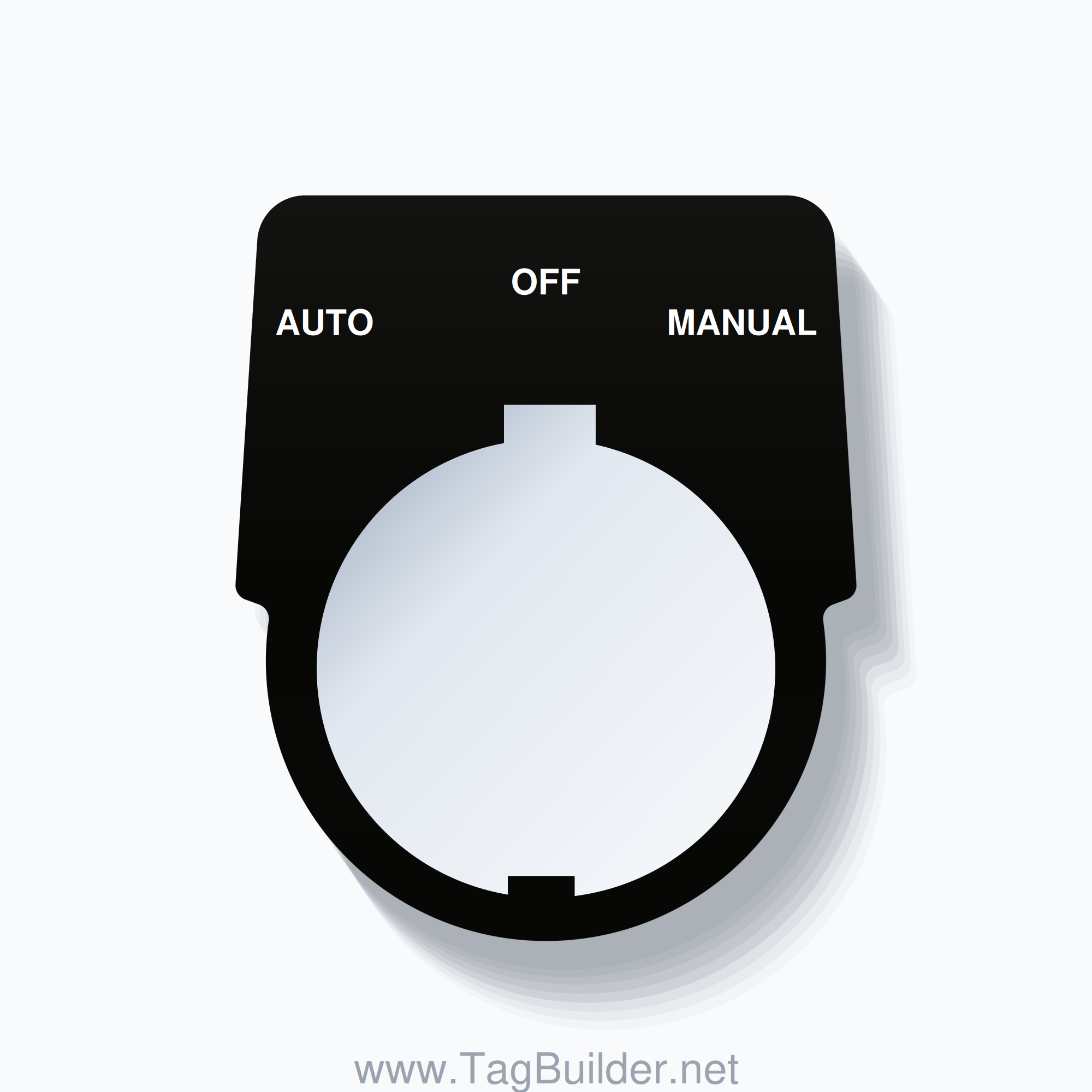 30mm Ring Tag – AUTO OFF MANUAL, Three-Line Harmony 9001K, Schneider Electric Compatible, White on Black