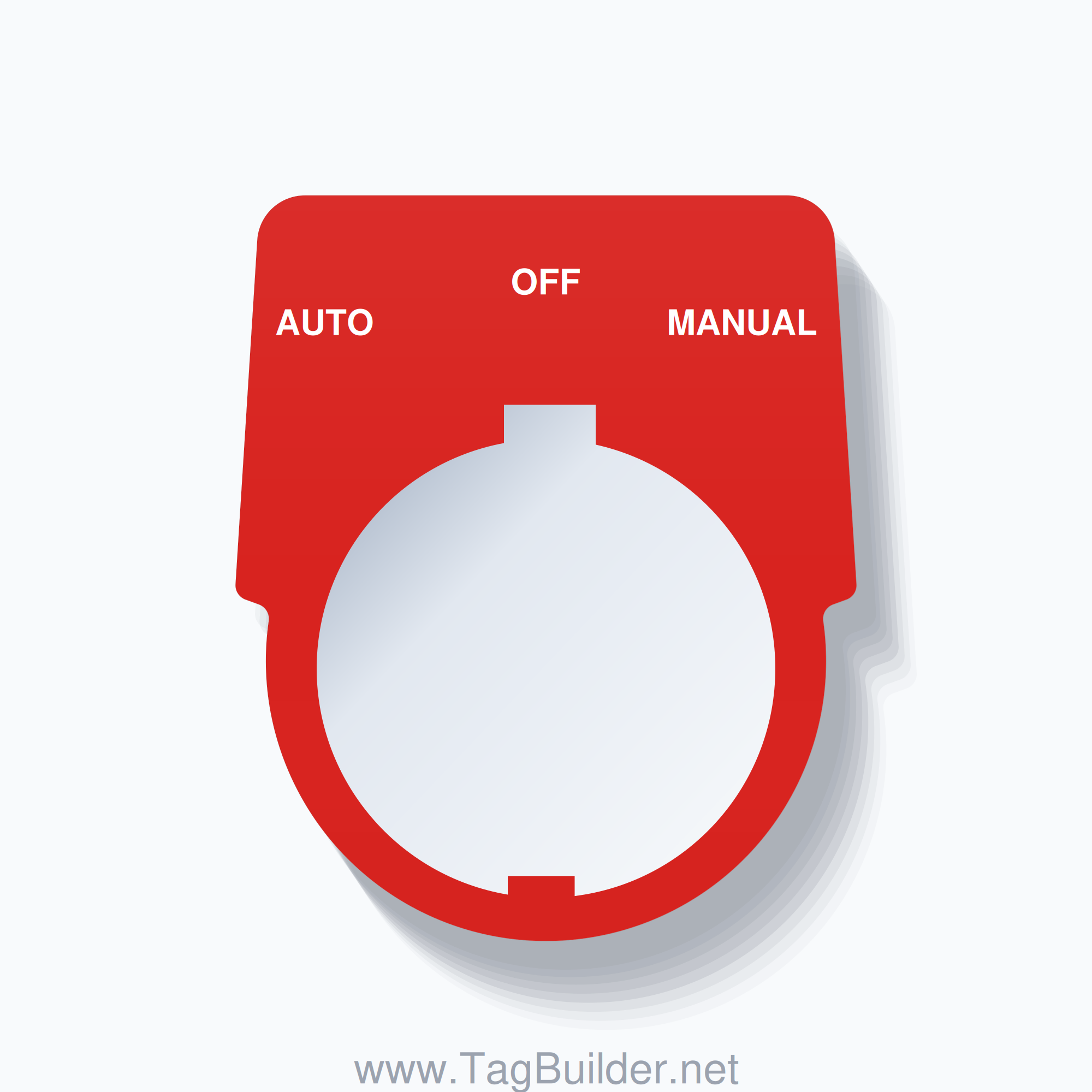 30mm Ring Tag – AUTO OFF MANUAL, Three-Line Harmony 9001K, Schneider Electric Compatible, White on Red