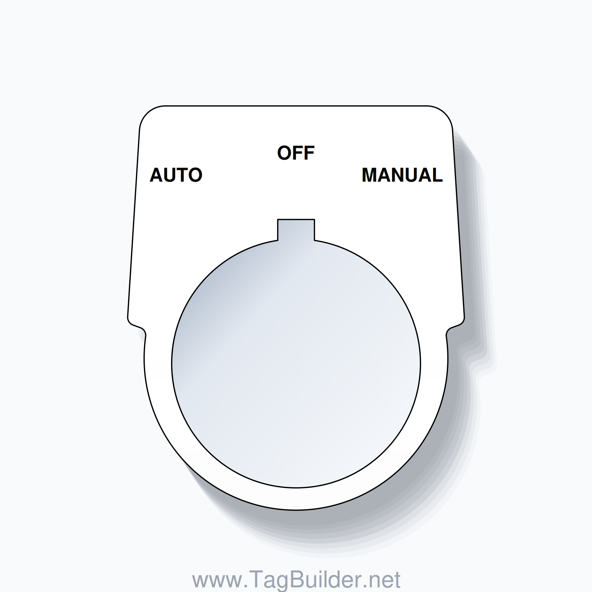 30mm Ring Tag – AUTO OFF MANUAL, Three-Line Harmony 9001K, Allen-Bradley Compatible, Black on White