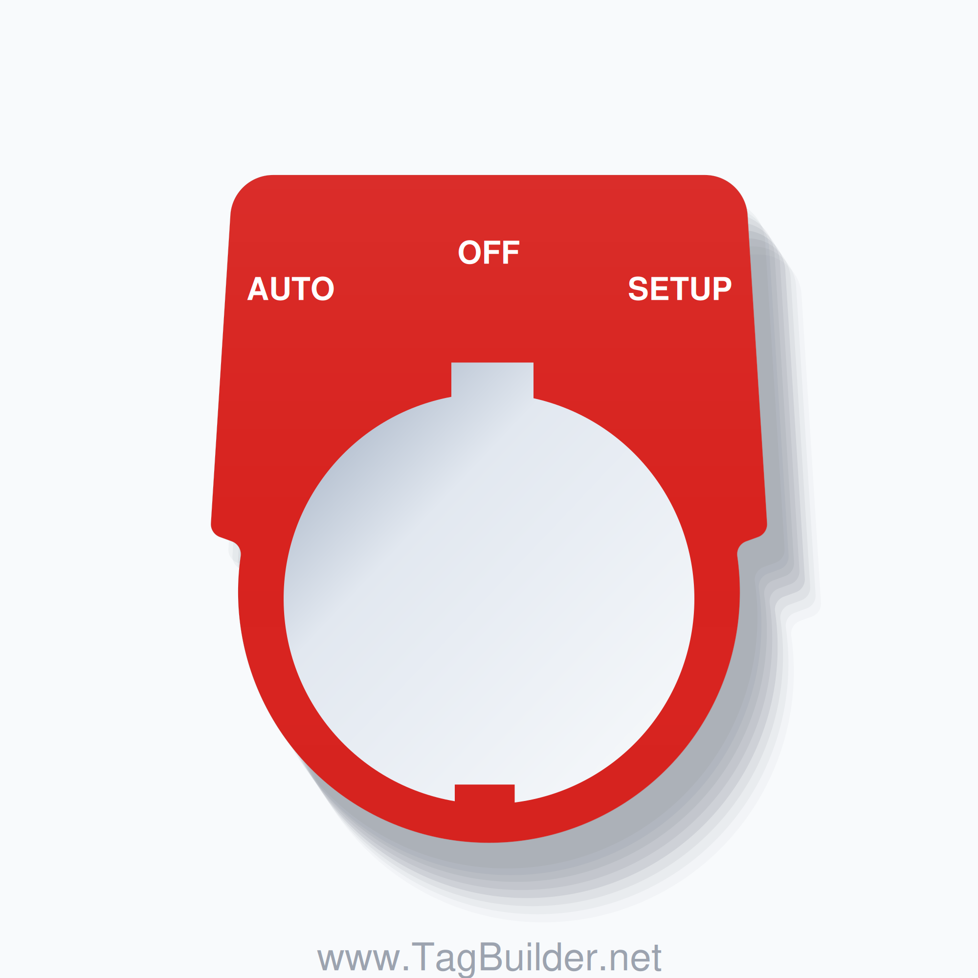 30mm Ring Tag – AUTO OFF SETUP, Three-Line Harmony 9001K, Schneider Electric Compatible, White on Red