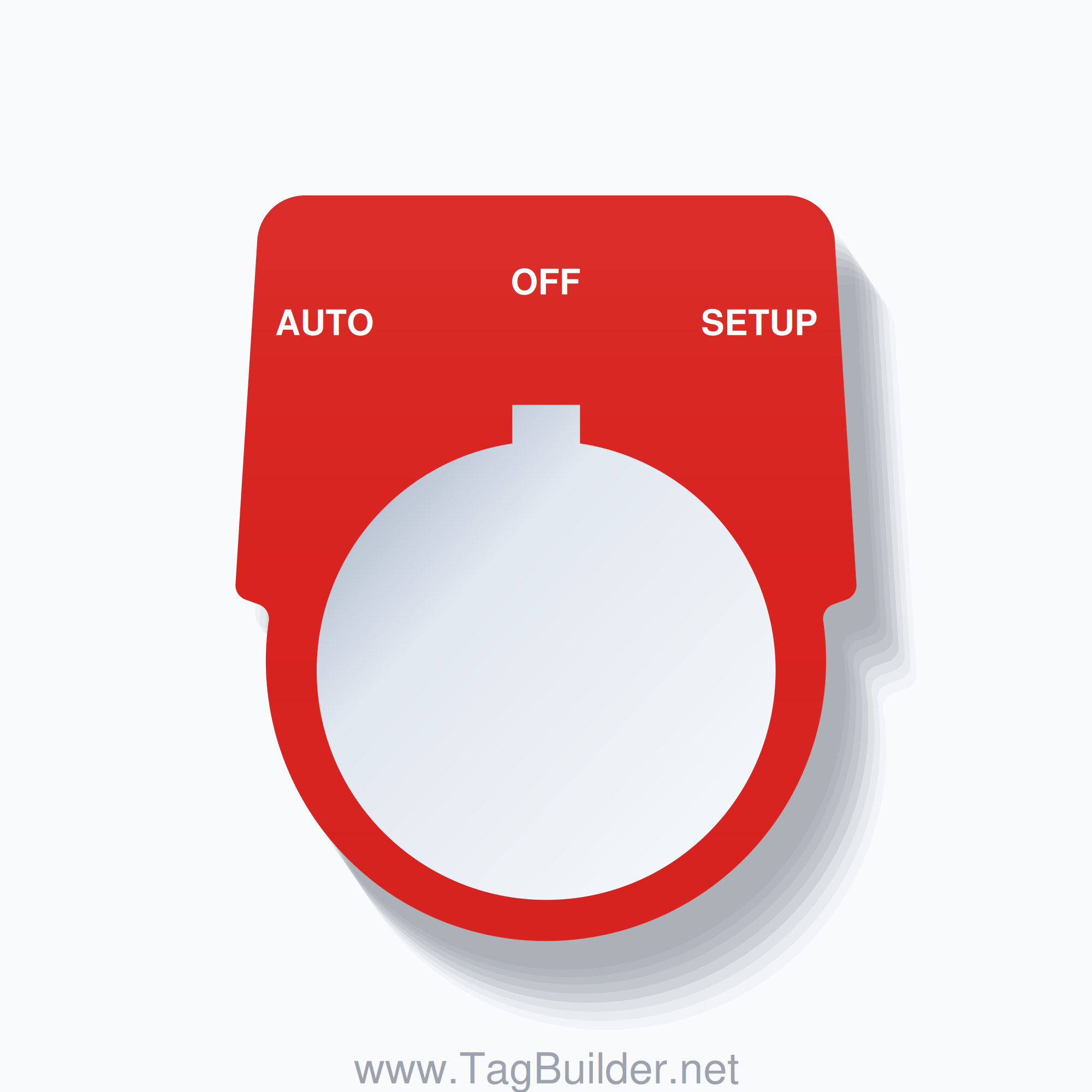 30mm Ring Tag – AUTO OFF SETUP, Three-Line Harmony 9001K, Allen-Bradley Compatible, White on Red