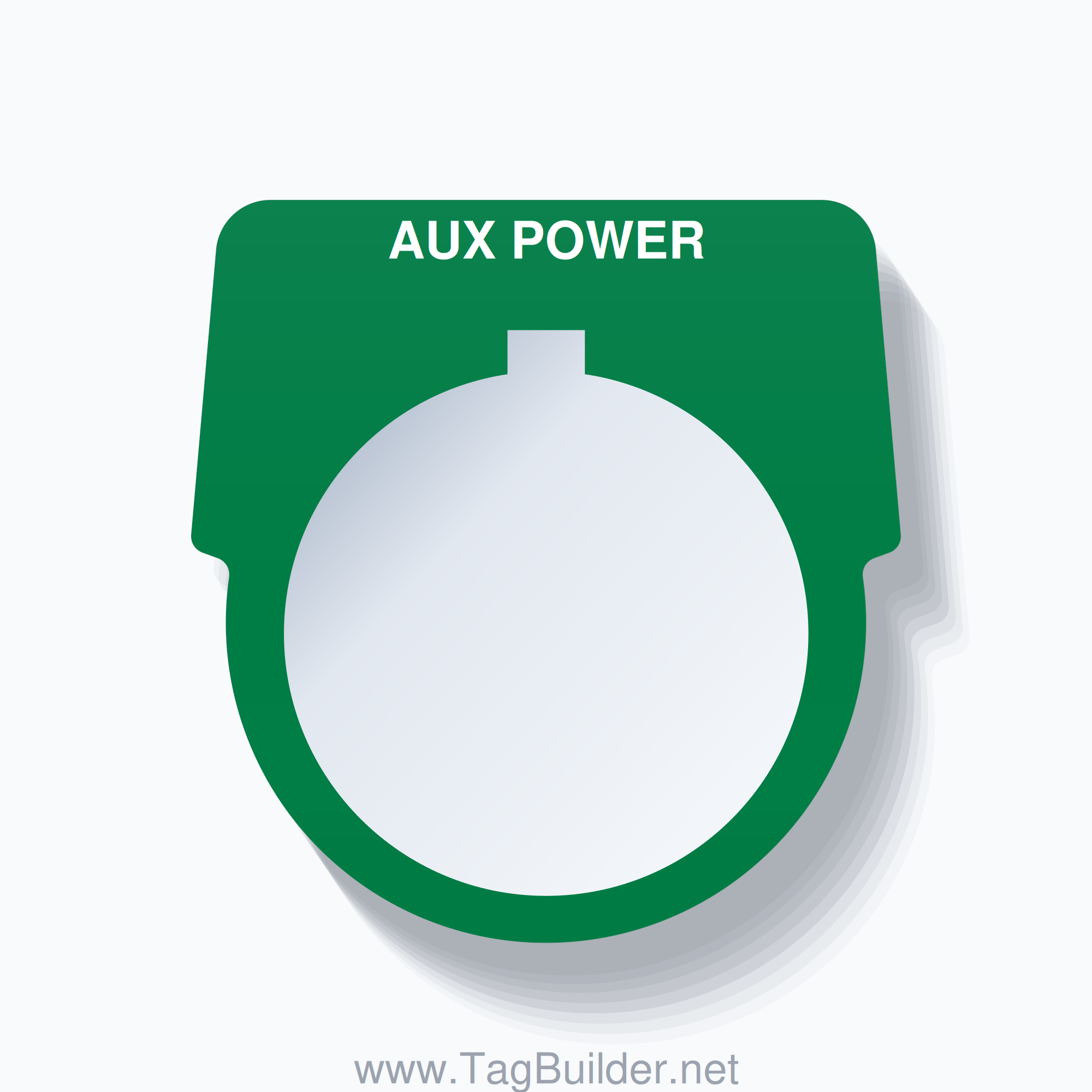 30mm Ring Tag – AUX POWER, Single-Line Harmony 9001K, Allen-Bradley Compatible, White on Green