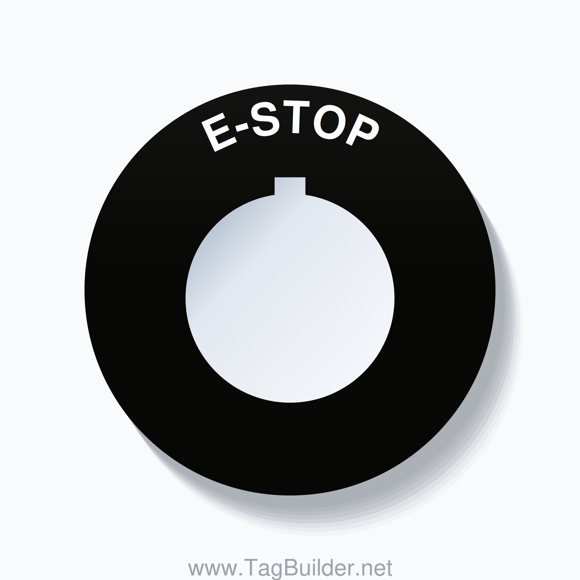 30mm Ring Tag – E-STOP, Single-Line 60mm Round, Allen-Bradley Compatible, White on Black