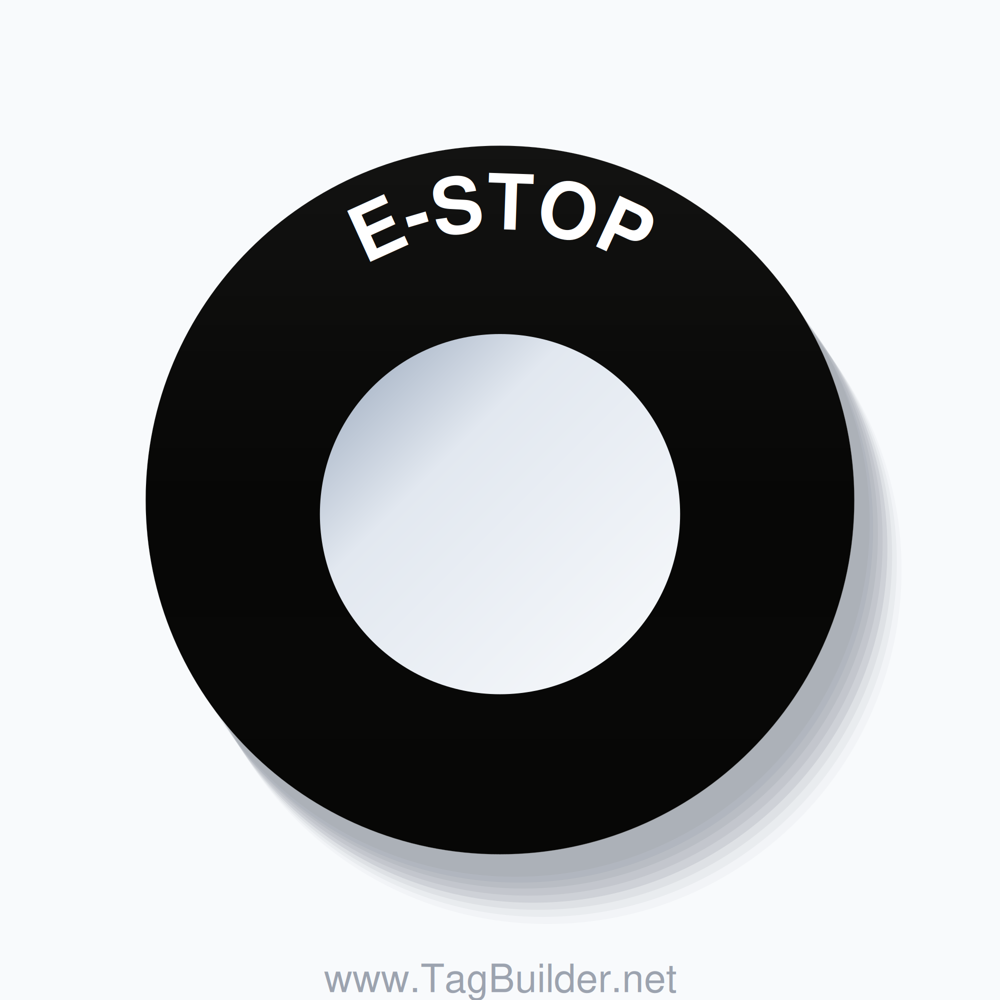 30mm Ring Tag – E-STOP, Single-Line 60mm Round, White on Black