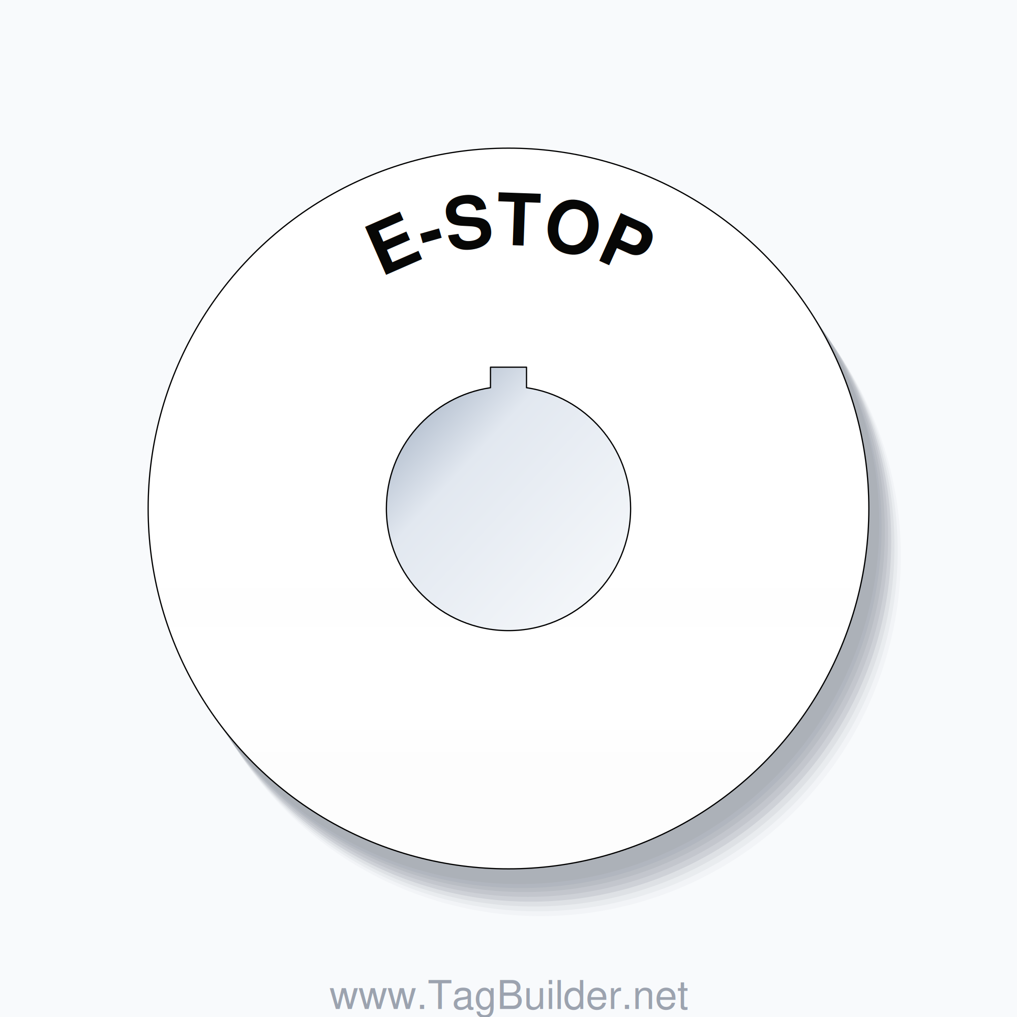 30mm Ring Tag – E-STOP, Single-Line 90mm Round, Allen-Bradley Compatible, Black on White