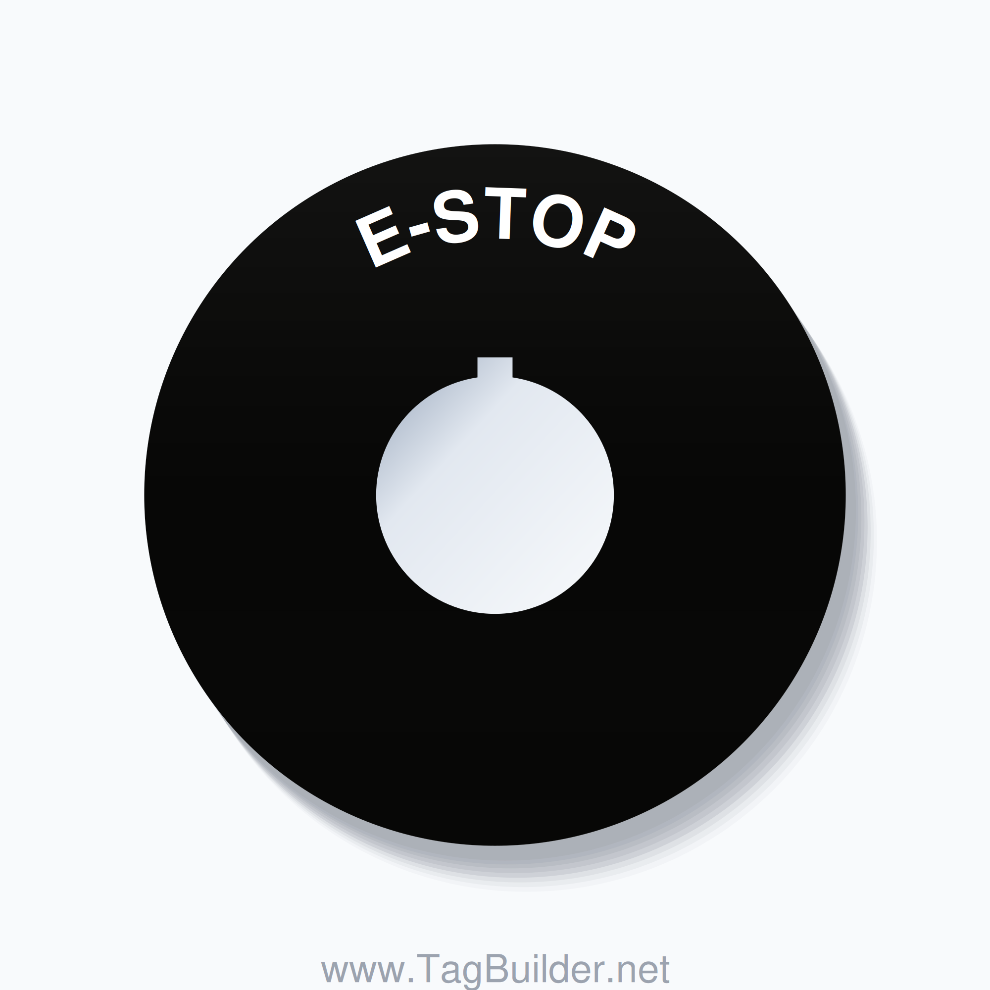 30mm Ring Tag – E-STOP, Single-Line 90mm Round, Allen-Bradley Compatible, White on Black