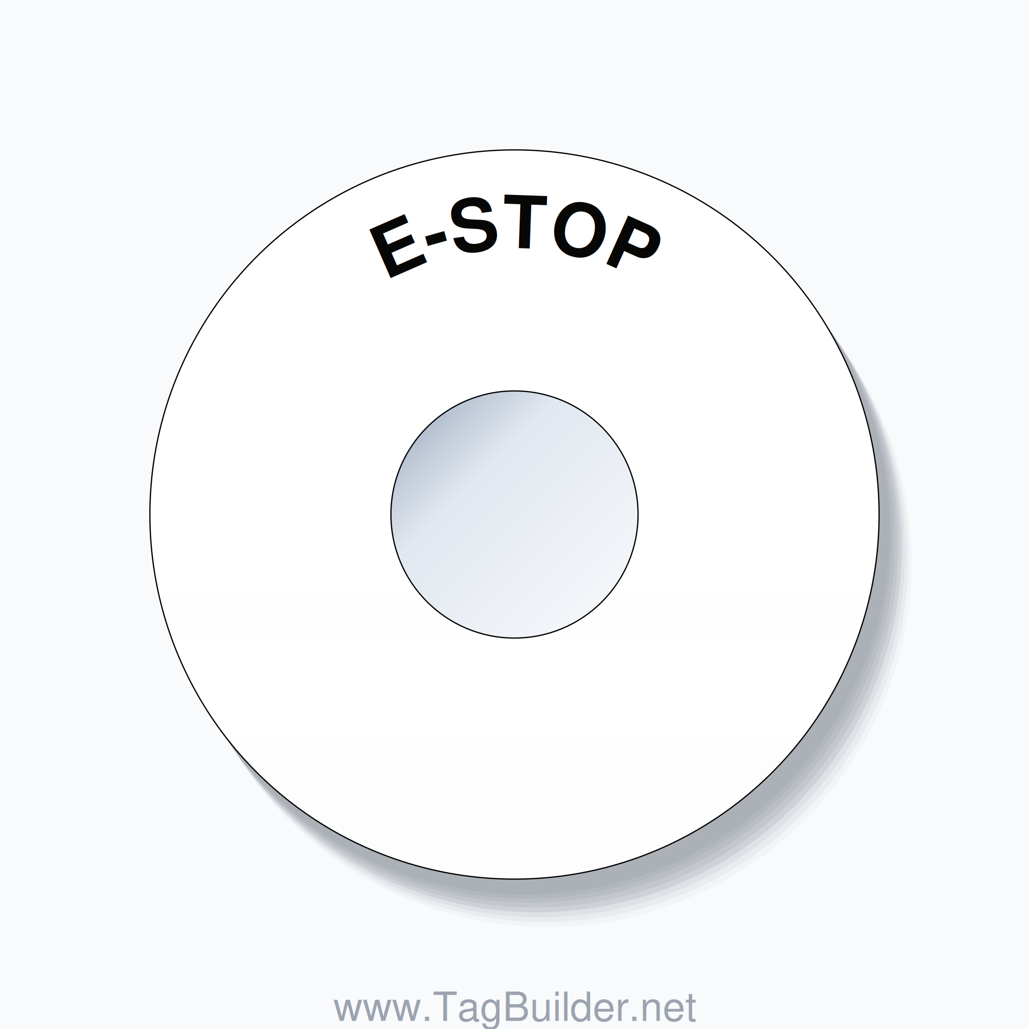 30mm Ring Tag – E-STOP, Single-Line 90mm Round, Black on White