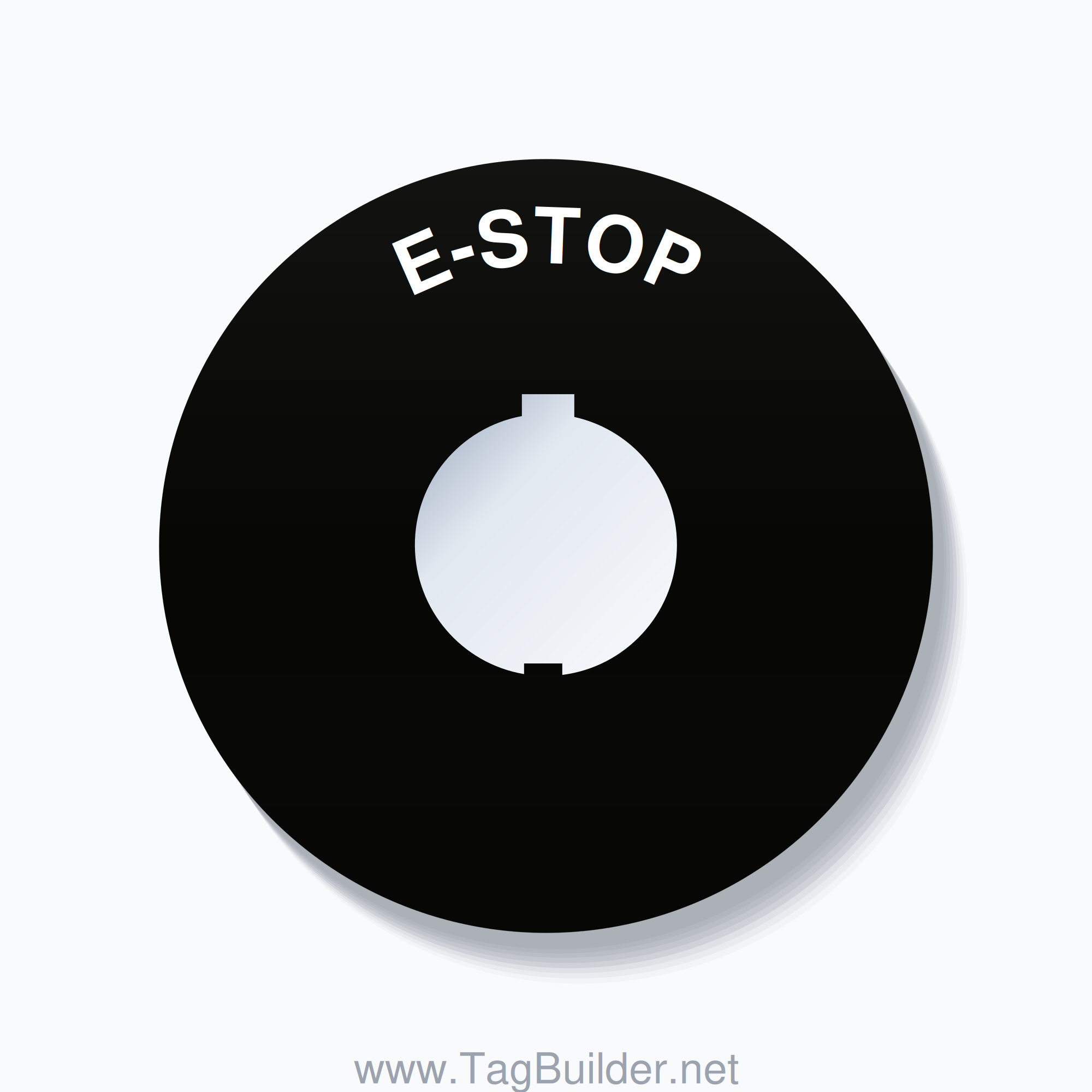 30mm Ring Tag – E-STOP, Single-Line 90mm Round, Schneider Electric Compatible, White on Black