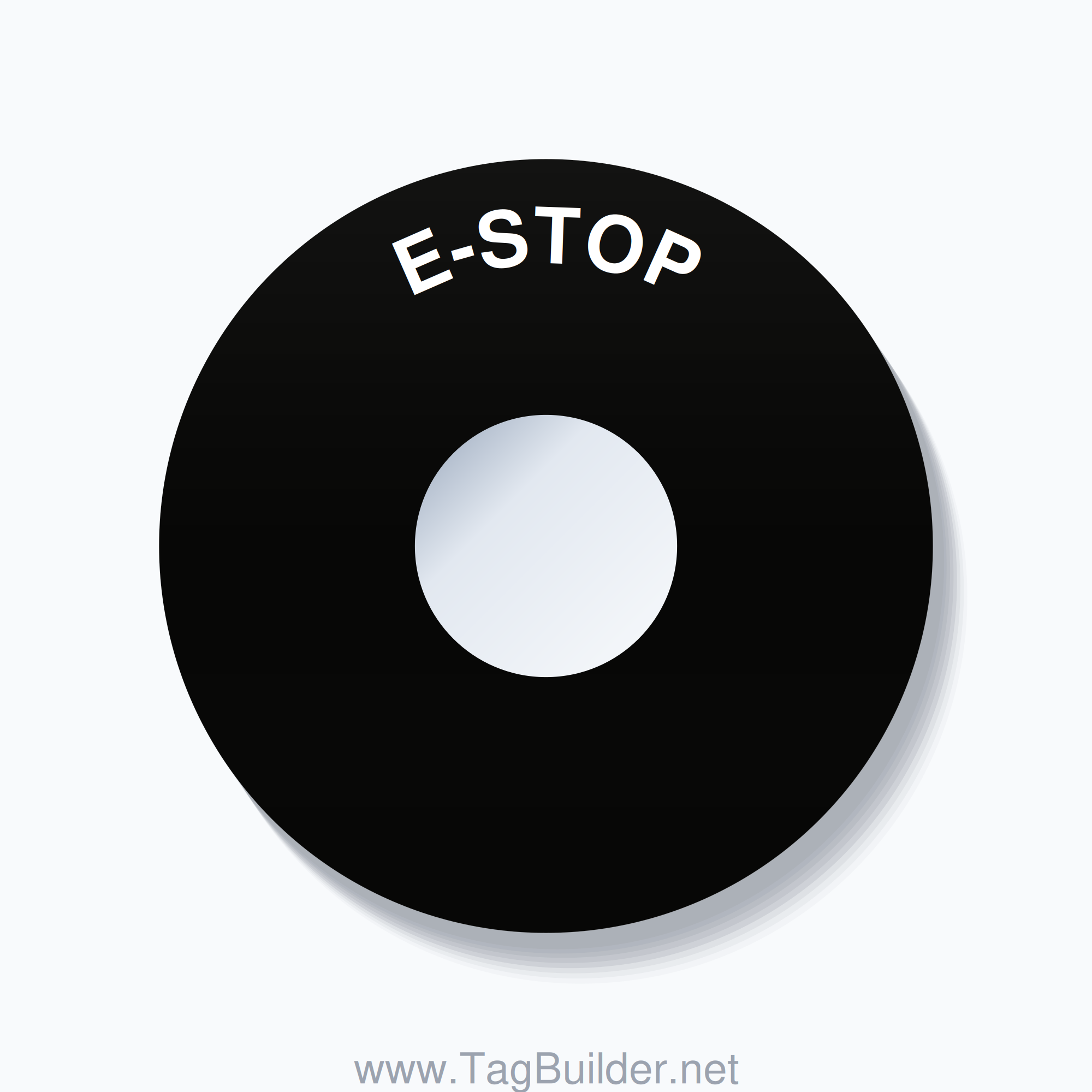 30mm Ring Tag – E-STOP, Single-Line 90mm Round, White on Black