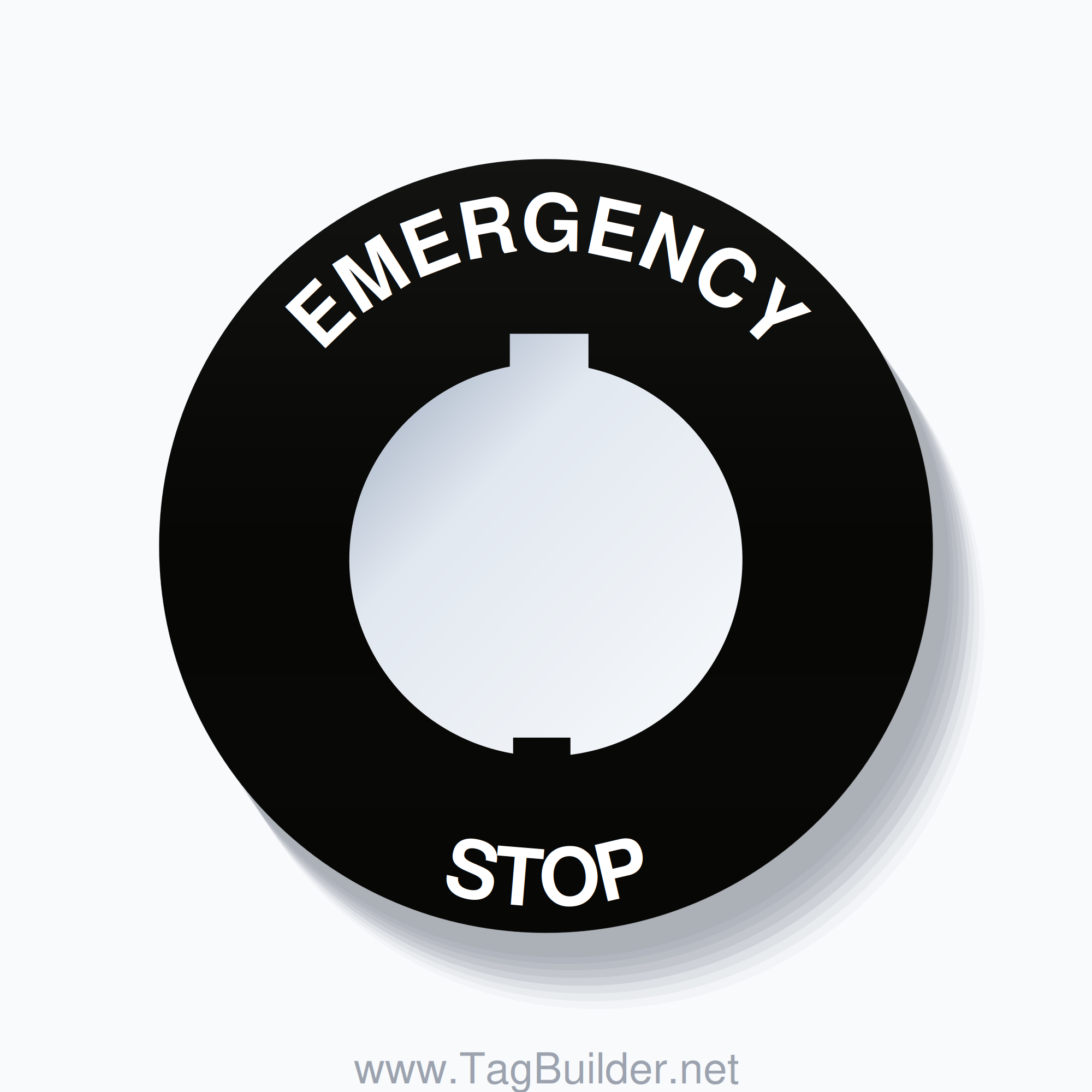 30mm Ring Tag – EMERGENCY STOP, Single-Line 60mm Round, Schneider Electric Compatible, White on Black