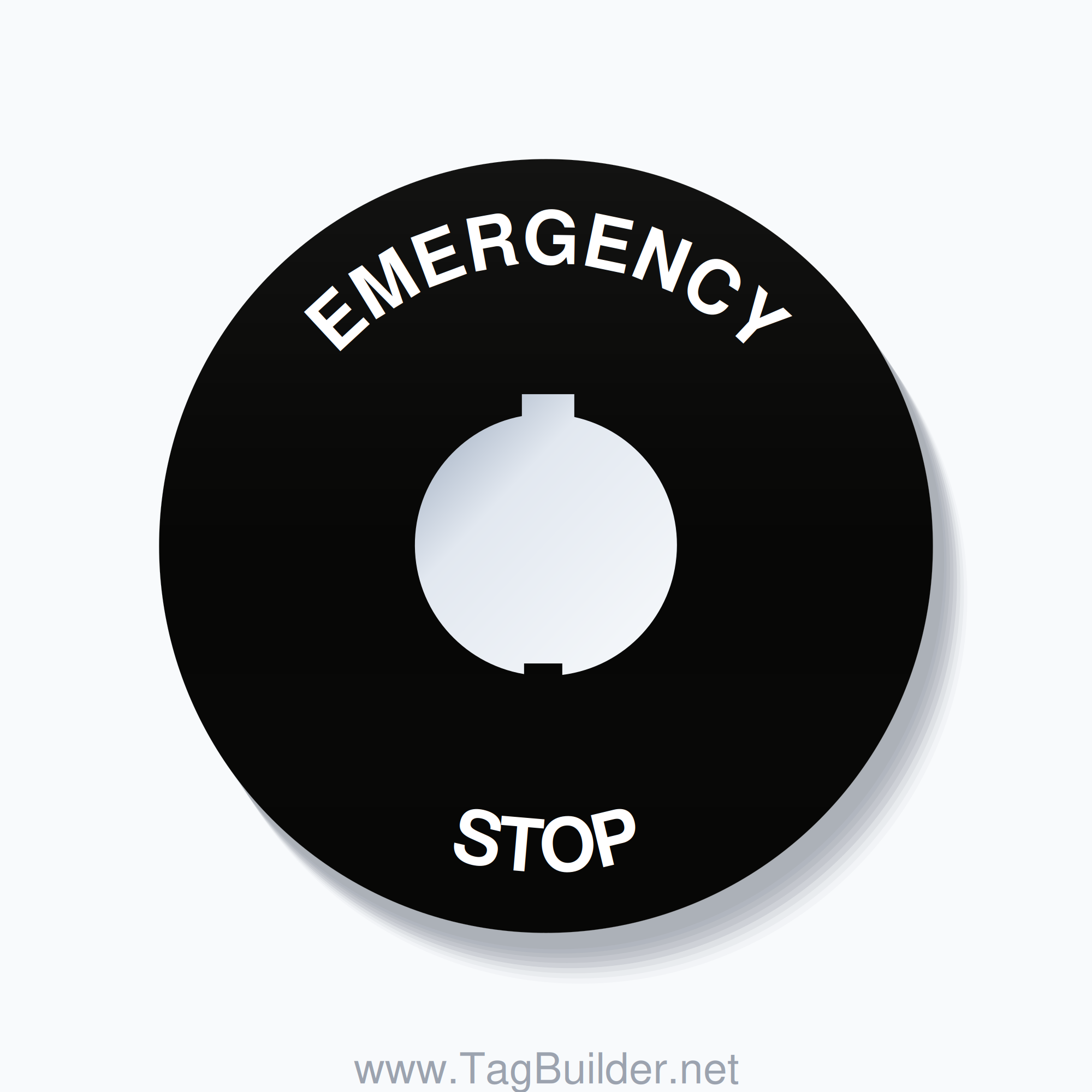 30mm Ring Tag – EMERGENCY STOP, Single-Line 90mm Round, Schneider Electric Compatible, White on Black