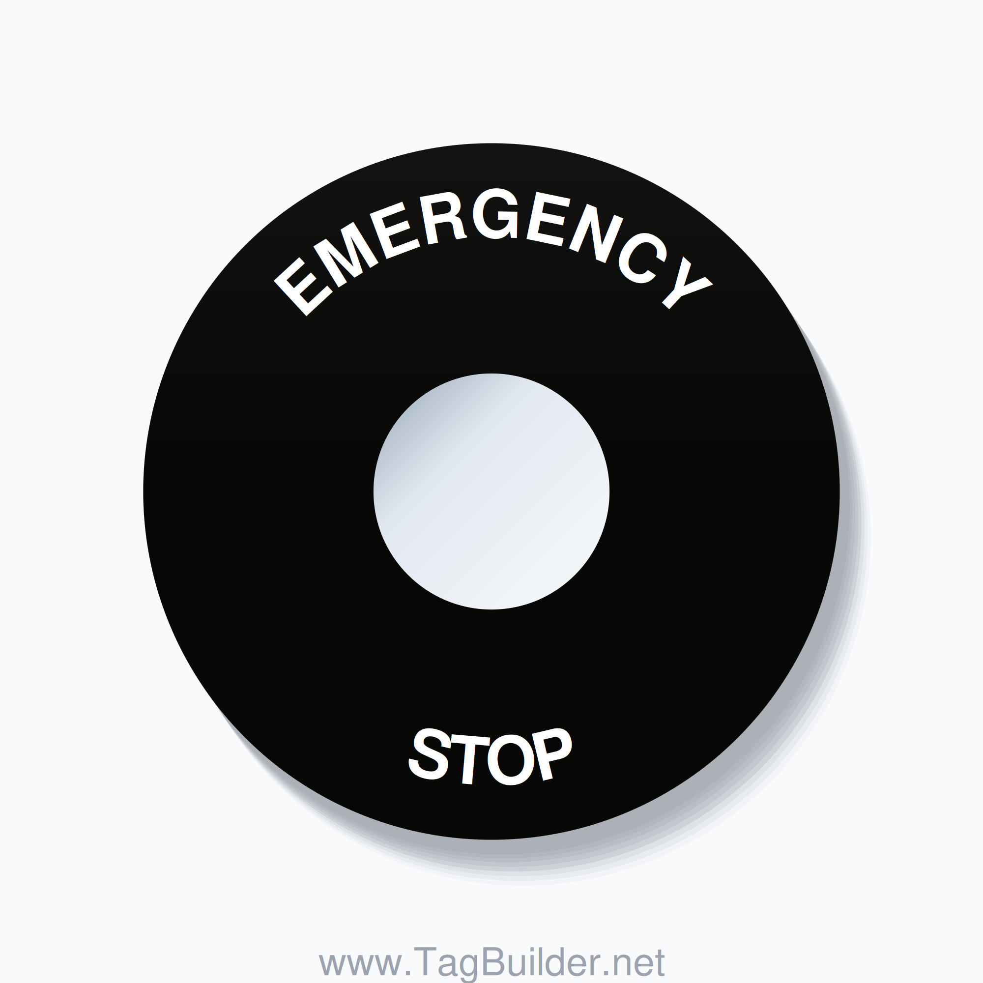 30mm Ring Tag – EMERGENCY STOP, Single-Line 90mm Round, White on Black