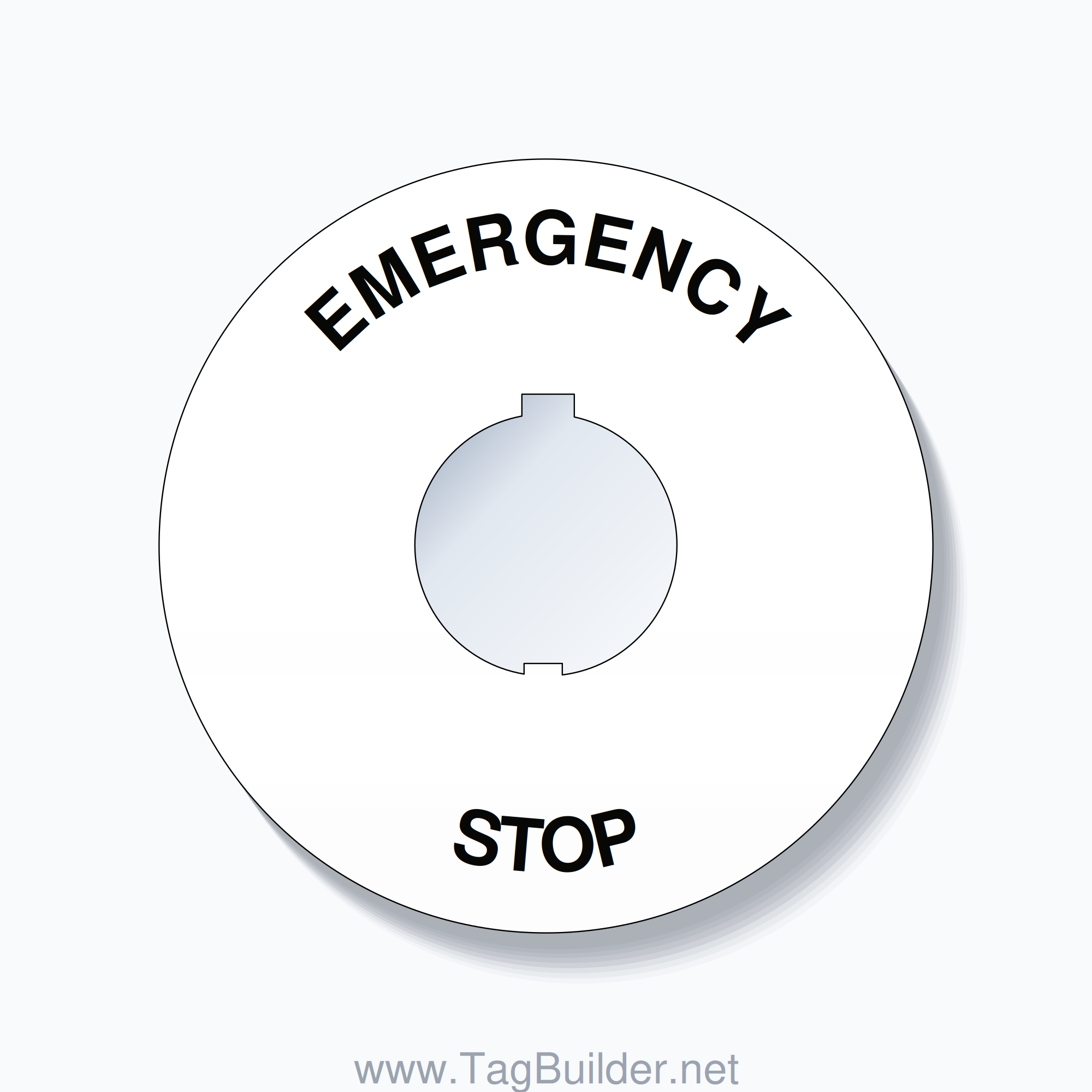 30mm Ring Tag – EMERGENCY STOP, Single-Line 90mm Round, Schneider Electric Compatible, Black on White
