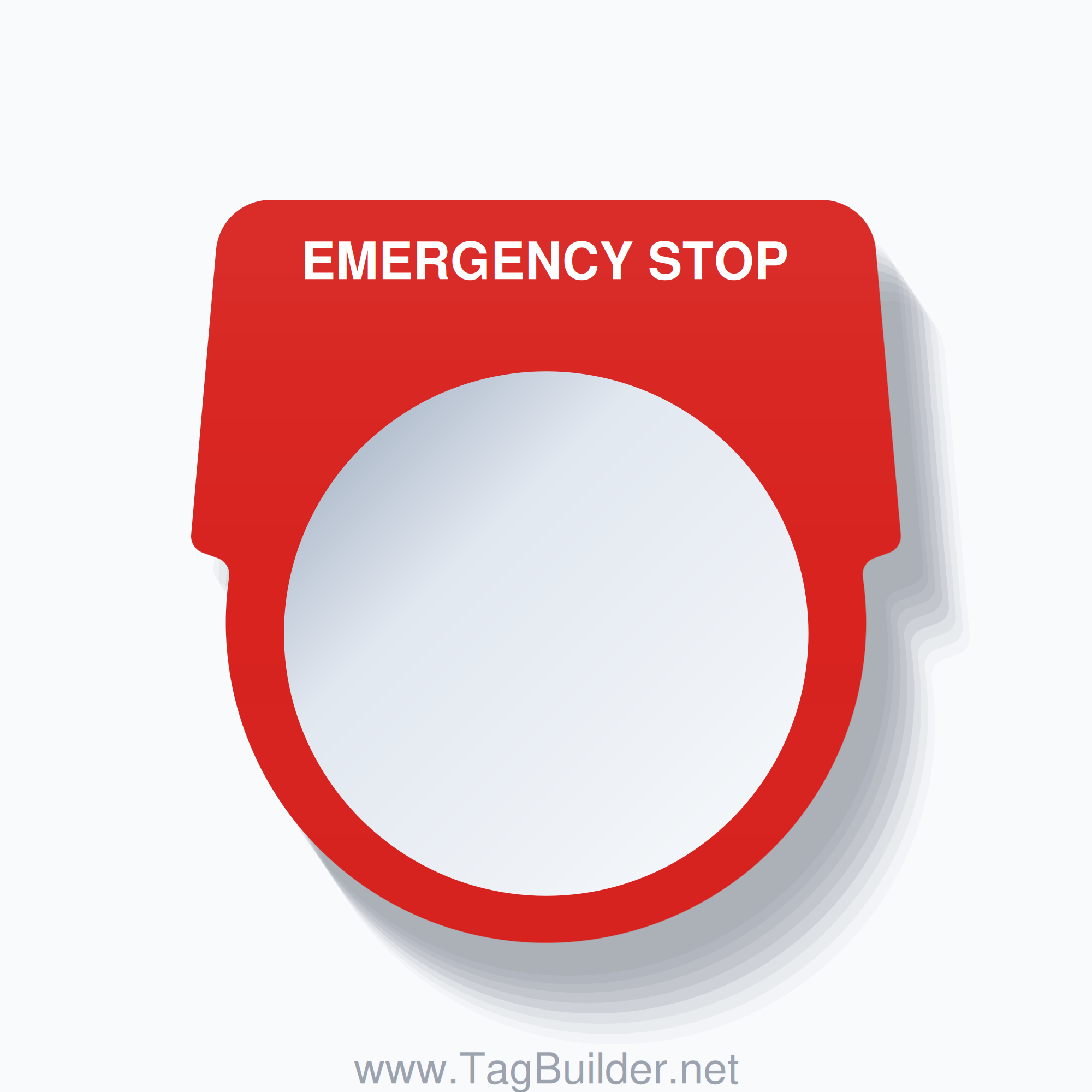 30mm Ring Tag – EMERGENCY STOP, Single-Line Harmony 9001K, White on Red