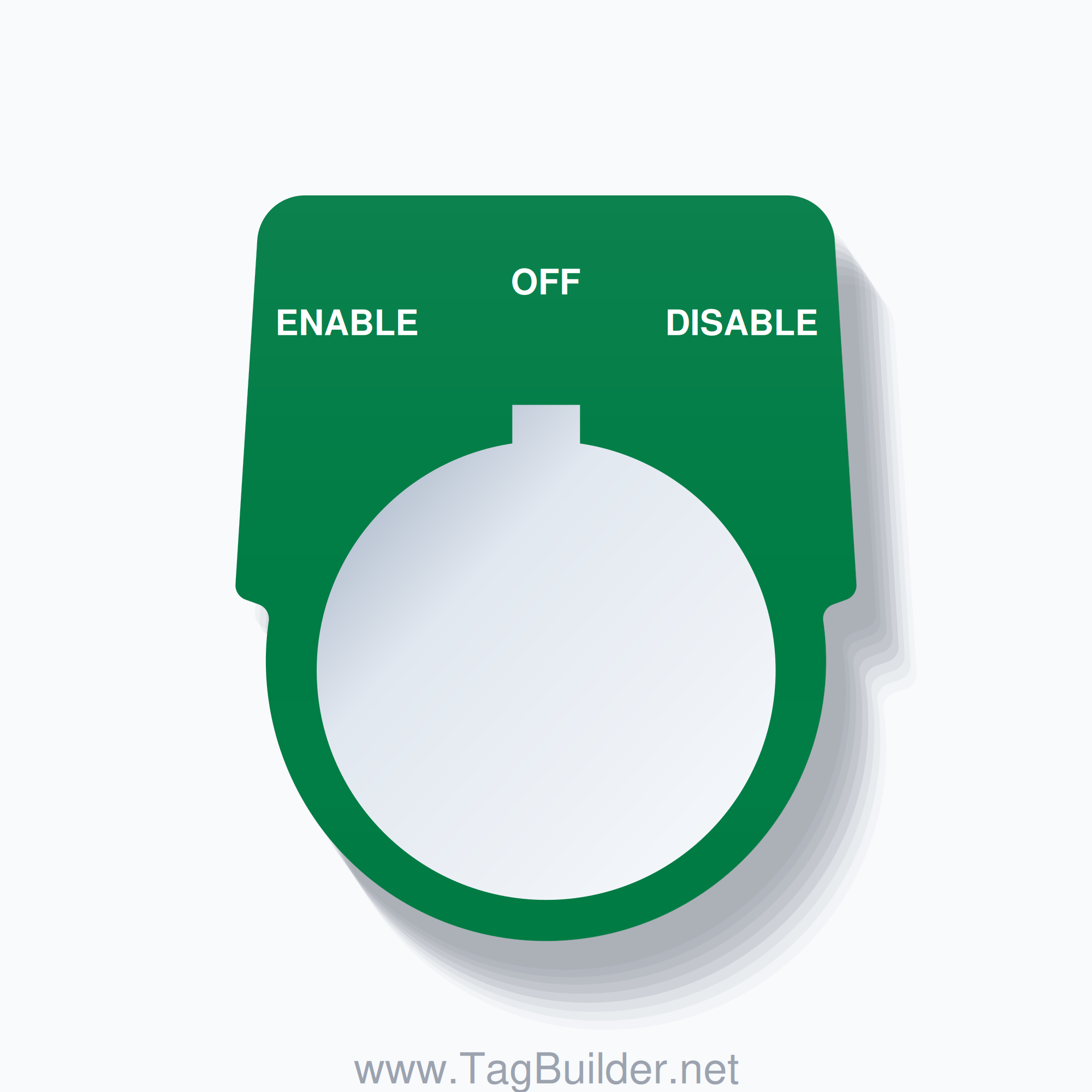 30mm Ring Tag – ENABLE OFF DISABLE, Three-Line Harmony 9001K, Allen-Bradley Compatible, White on Green