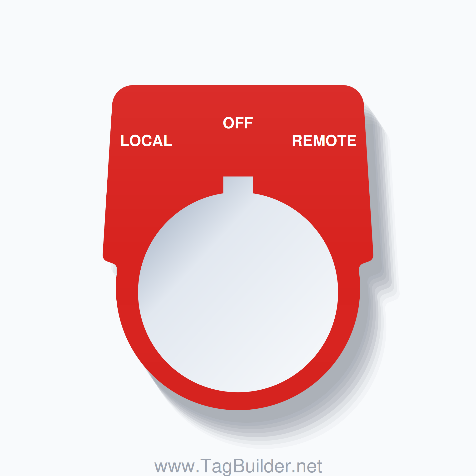 30mm Ring Tag – LOCAL OFF REMOTE, Three-Line Harmony 9001K, Allen-Bradley Compatible, White on Red