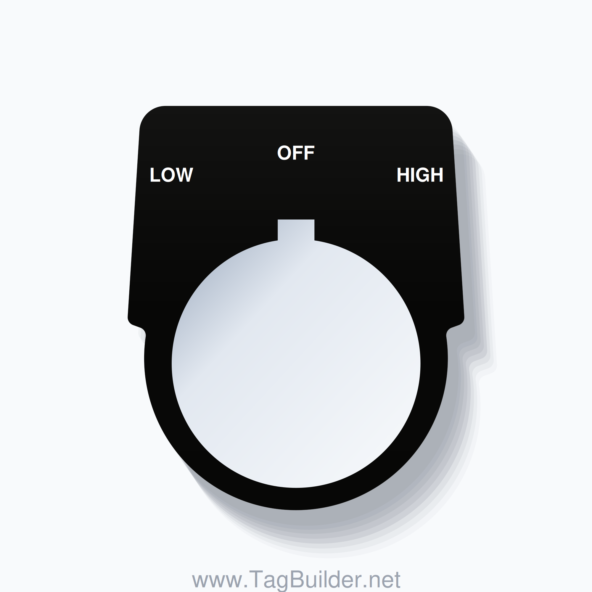 30mm Ring Tag – LOW OFF HIGH, Three-Line Harmony 9001K, Allen-Bradley Compatible, White on Black