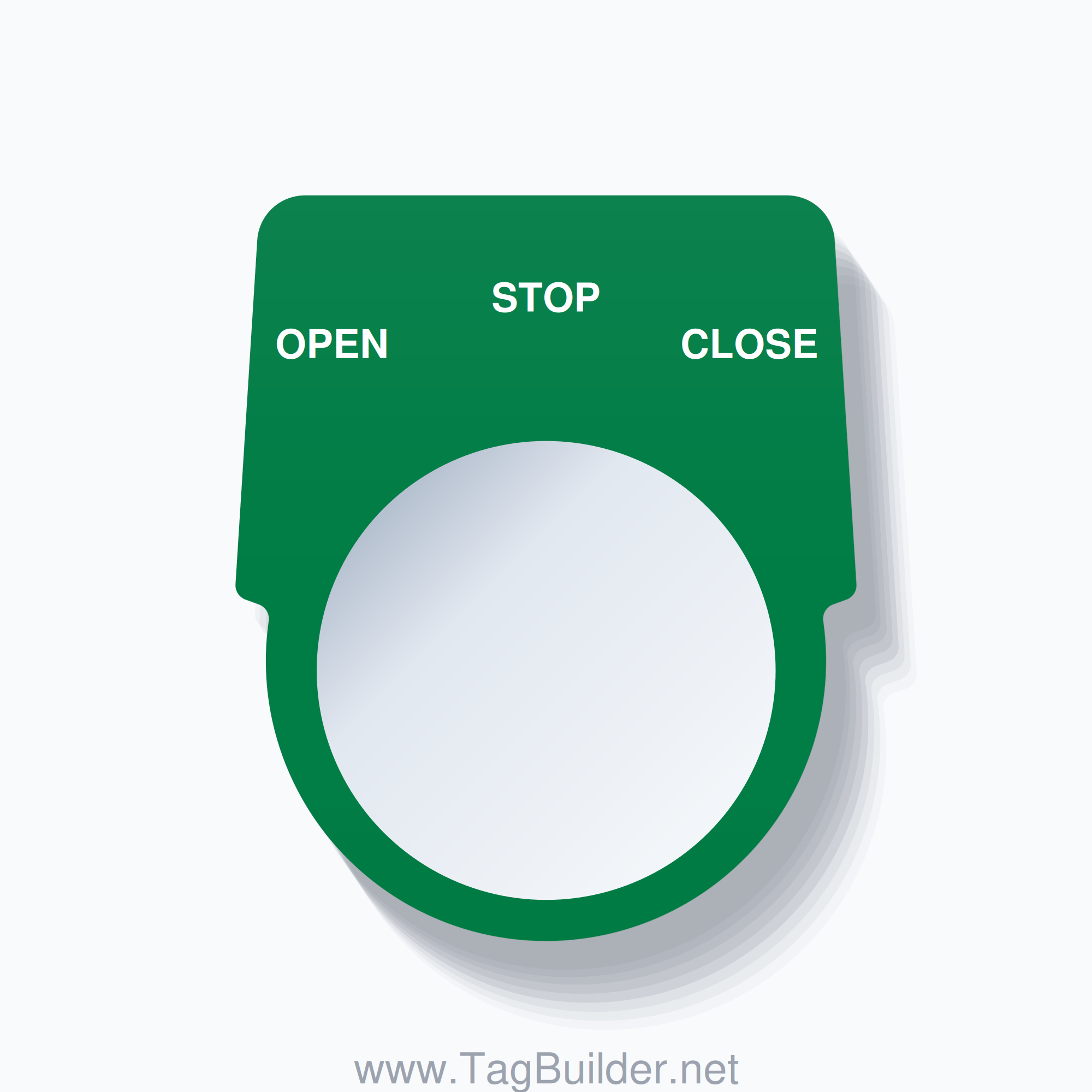 30mm Ring Tag – OPEN STOP CLOSE, Three-Line Harmony 9001K, White on Green