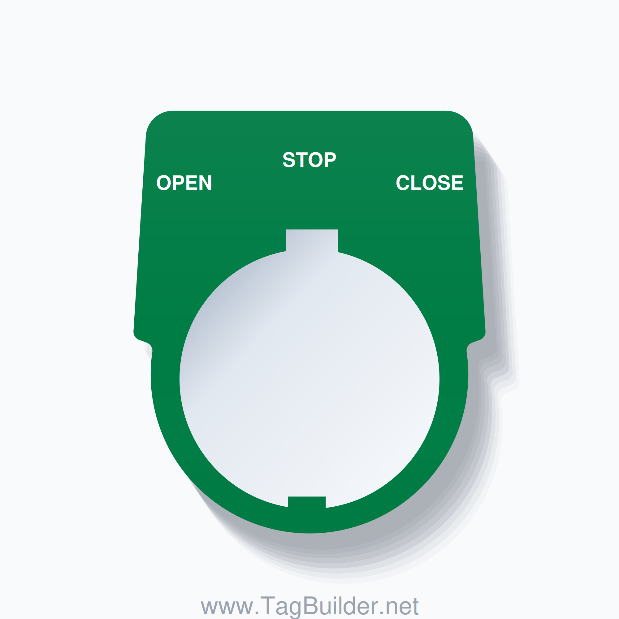 30mm Ring Tag – OPEN STOP CLOSE, Three-Line Harmony 9001K, Schneider Electric Compatible, White on Green