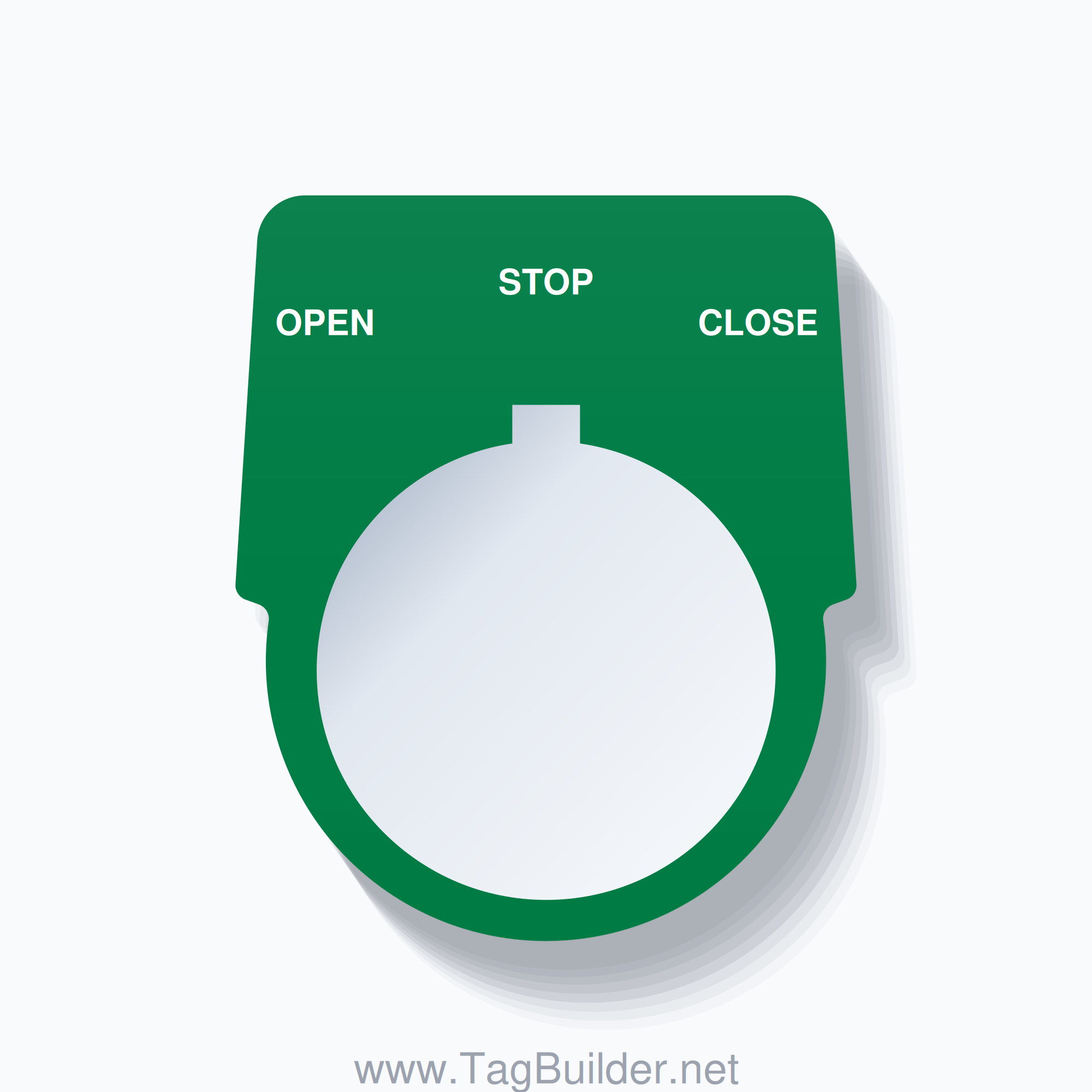 30mm Ring Tag – OPEN STOP CLOSE, Three-Line Harmony 9001K, Allen-Bradley Compatible, White on Green