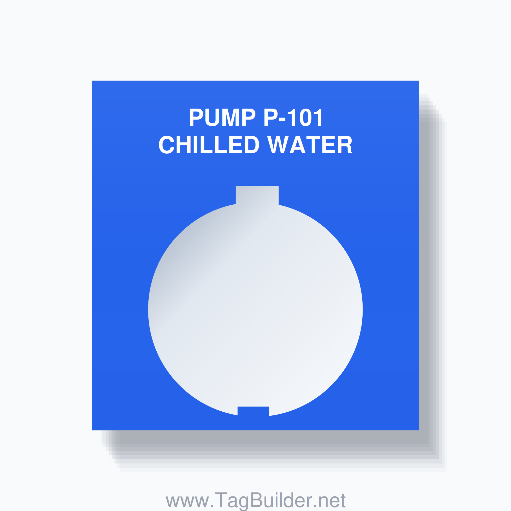 30mm Ring Tag – PUMP P-101 CHILLED WATER, Two-Line 800T Square, Schneider Electric Compatible, White on Blue