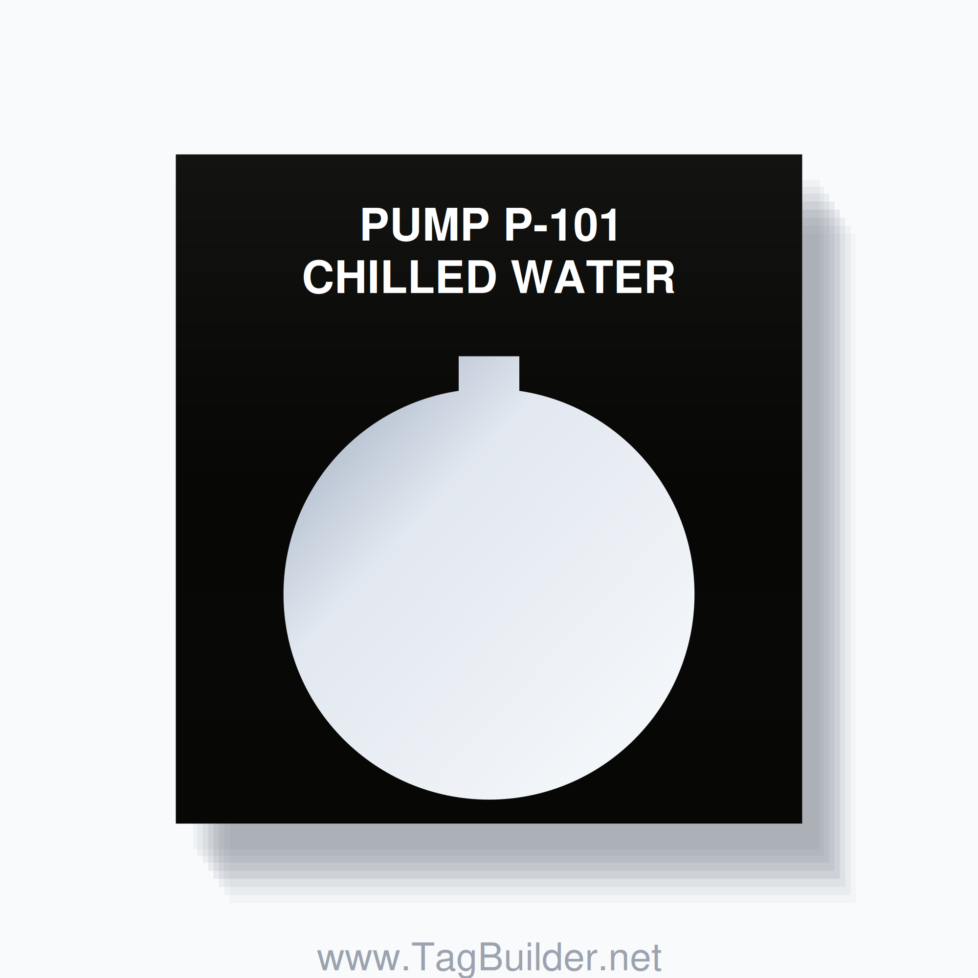 30mm Ring Tag – PUMP P-101 CHILLED WATER, Two-Line 800T Square, Allen-Bradley Compatible, White on Black
