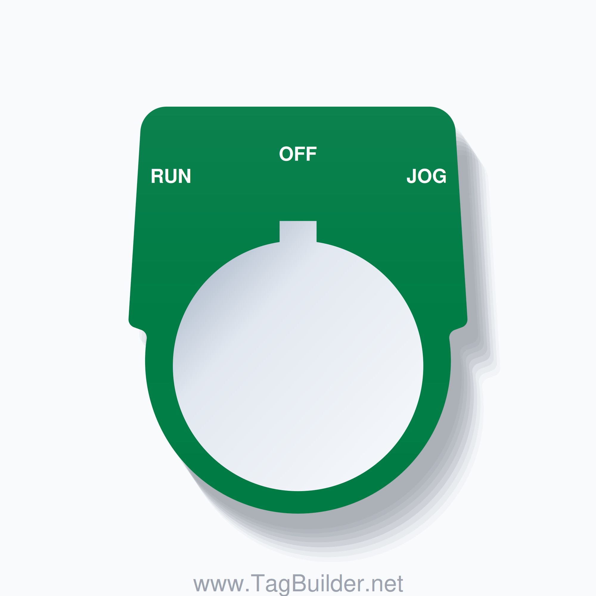 30mm Ring Tag – RUN OFF JOG, Three-Line Harmony 9001K, Allen-Bradley Compatible, White on Green