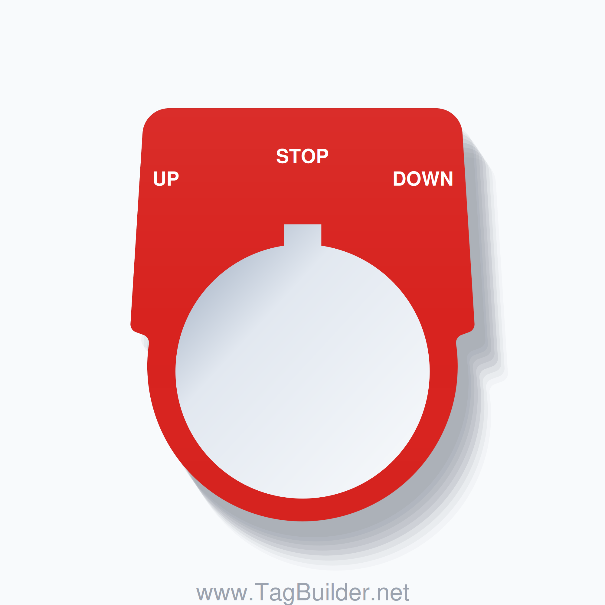 30mm Ring Tag – UP STOP DOWN, Three-Line Harmony 9001K, Allen-Bradley Compatible, White on Red