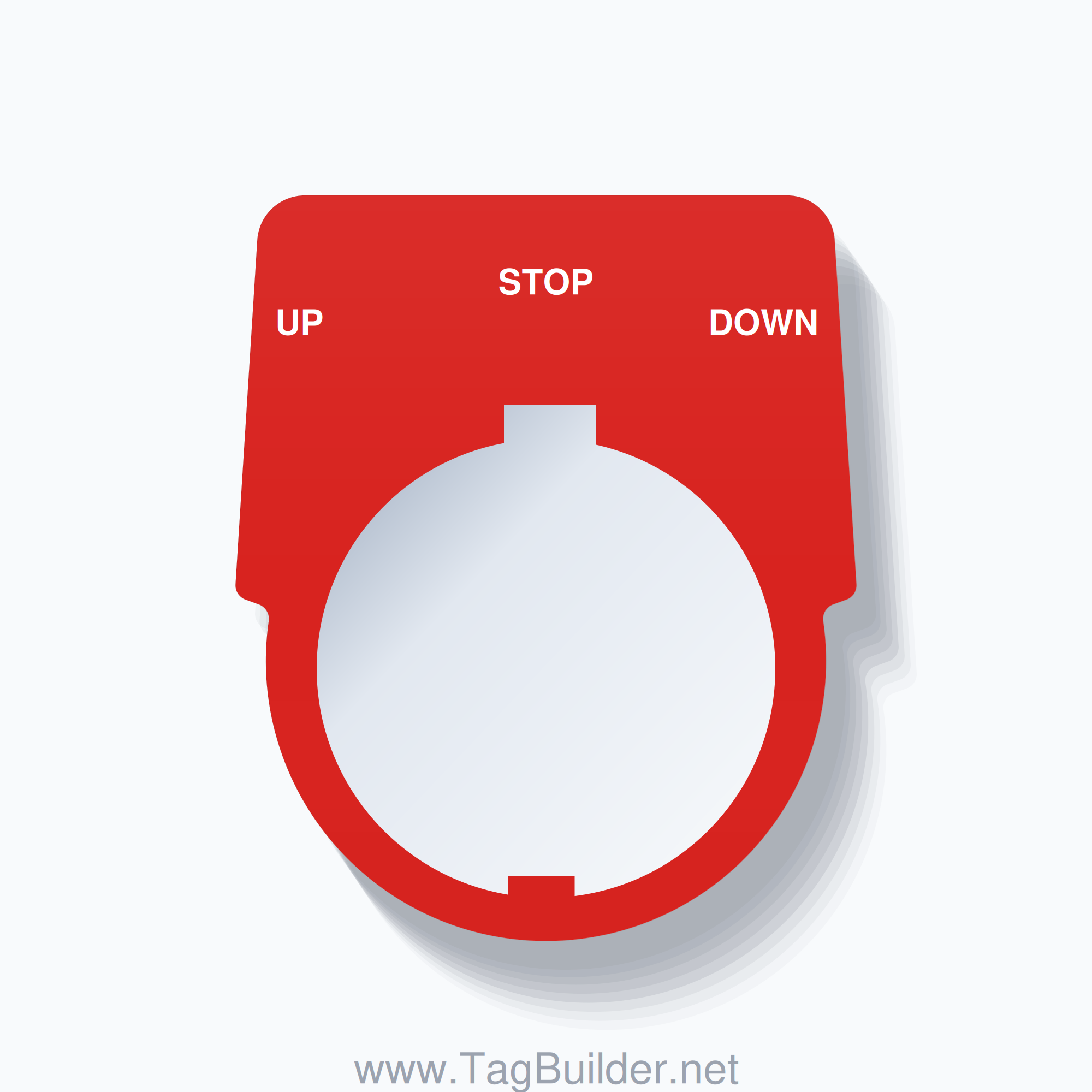 30mm Ring Tag – UP STOP DOWN, Three-Line Harmony 9001K, Schneider Electric Compatible, White on Red