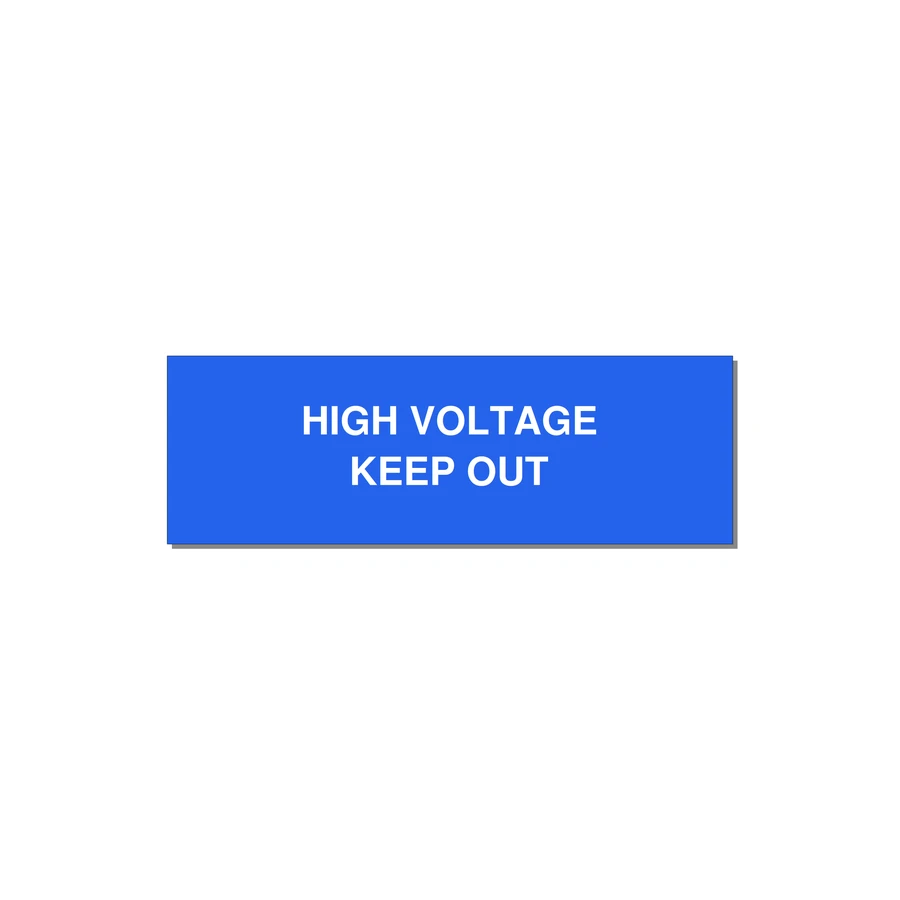3.0x1.0" High Voltage Warning Sign - HIGH VOLTAGE KEEP OUT — 3x1" White on Blue, Holes