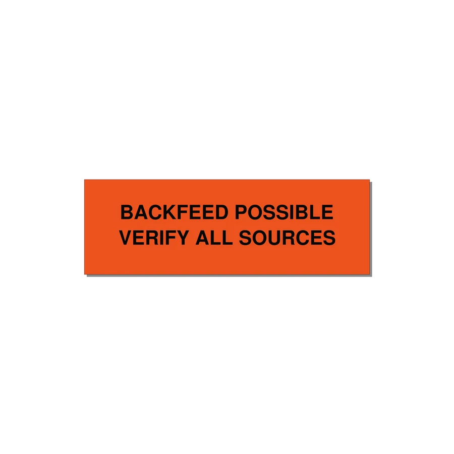 3.0x1.0" Safety Label - BACKFEED POSSIBLE VERIFY — 3x1" Black on Orange, Adhesive