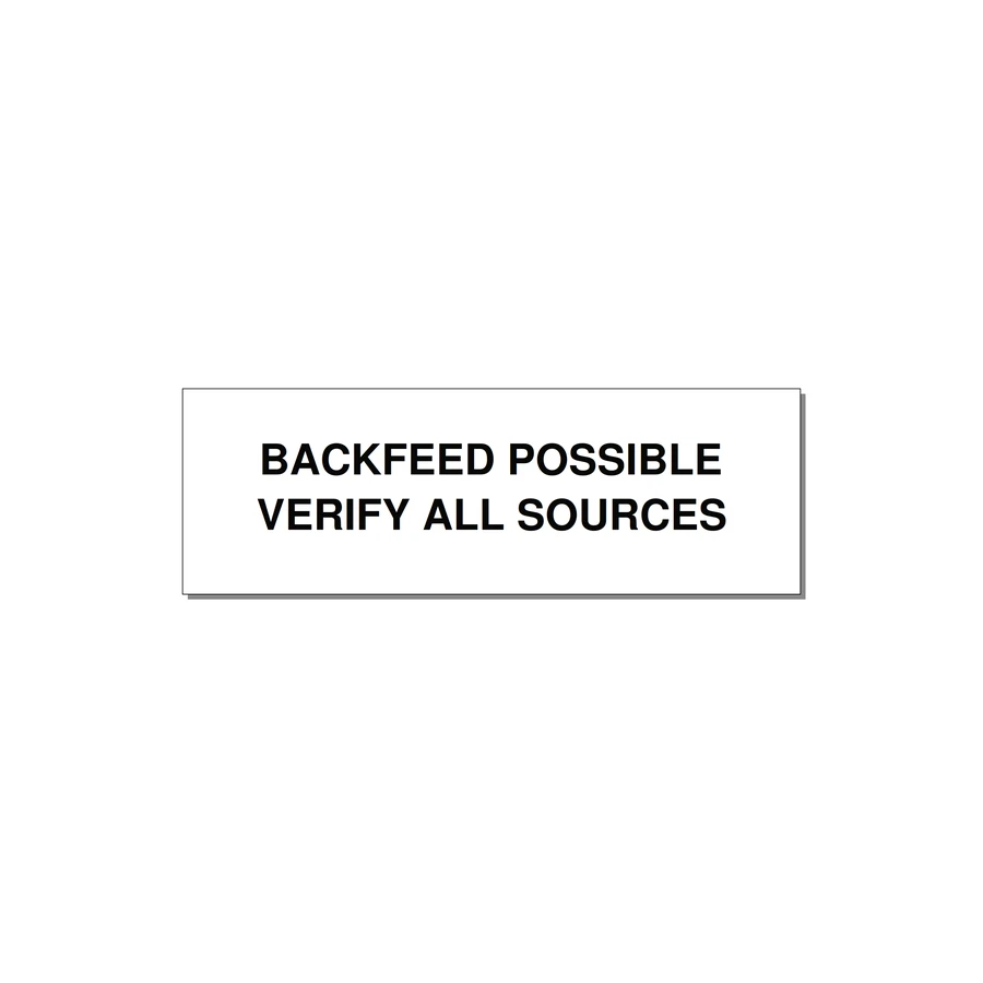 3.0x1.0" Safety Label - BACKFEED POSSIBLE VERIFY — 3x1" Black on White, Adhesive
