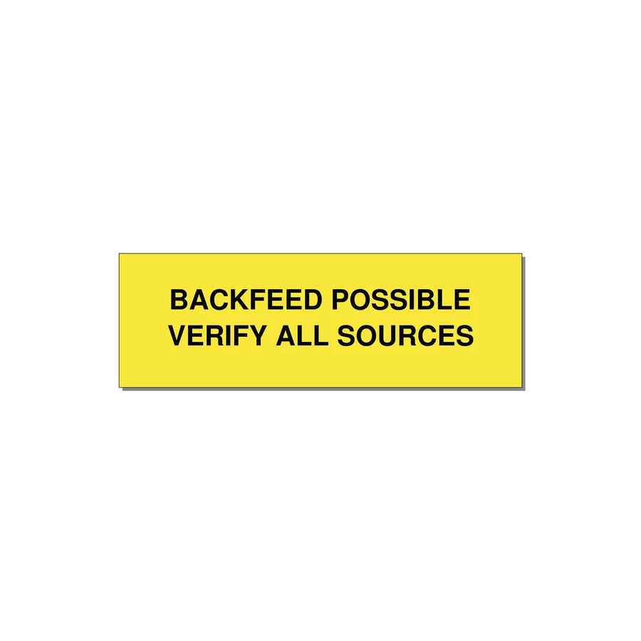 3.0x1.0" Safety Label - BACKFEED POSSIBLE VERIFY — 3x1" Black on Yellow, Adhesive