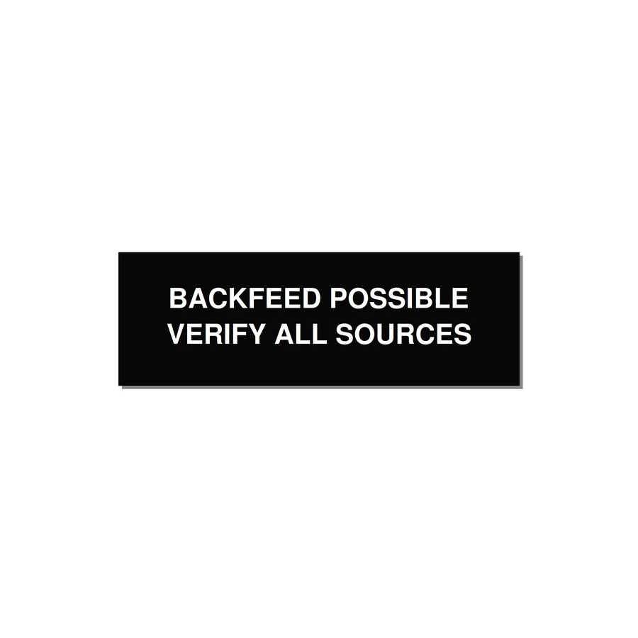 3.0x1.0" Safety Label - BACKFEED POSSIBLE VERIFY — 3x1" White on Black, Holes