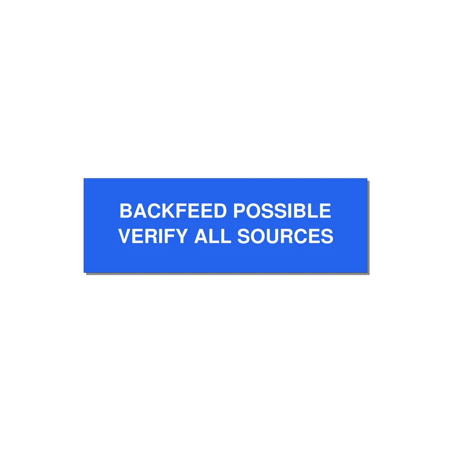3.0x1.0" Safety Label - BACKFEED POSSIBLE VERIFY — 3x1" White on Blue, Holes