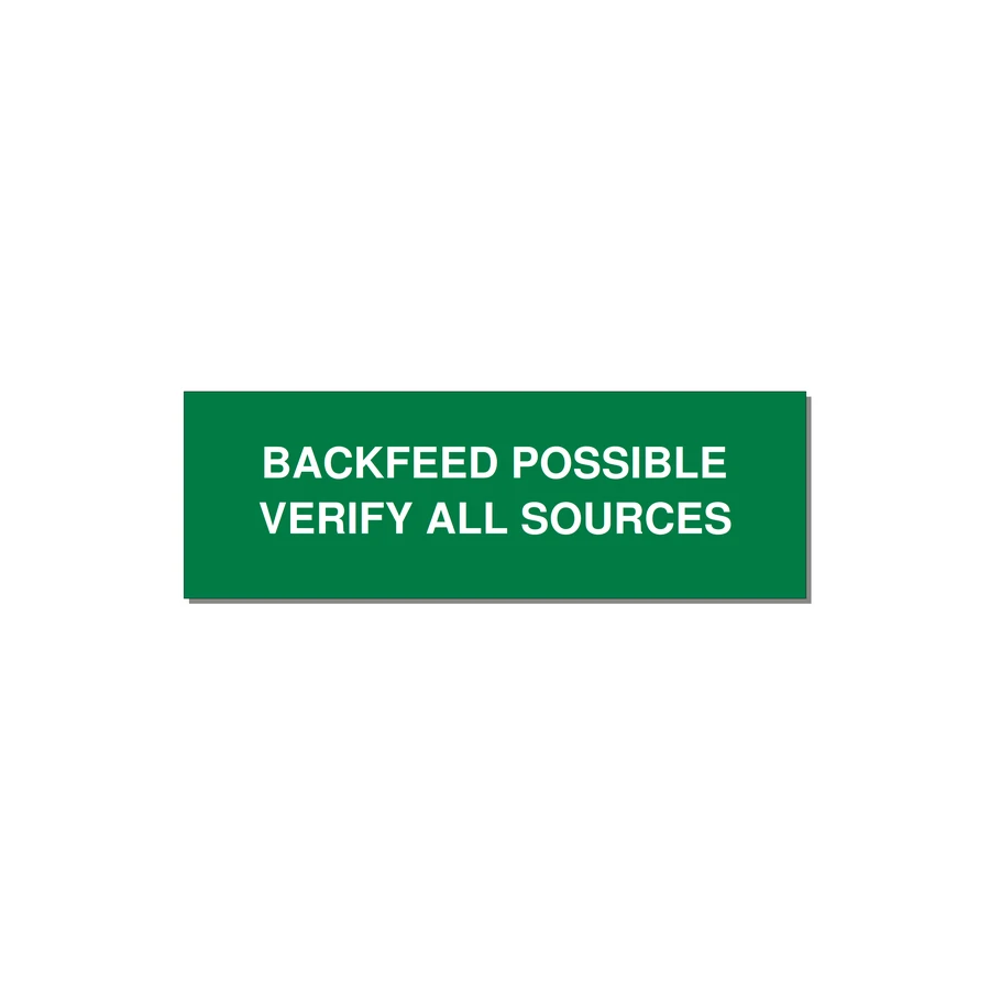 3.0x1.0" Safety Label - BACKFEED POSSIBLE VERIFY — 3x1" White on Green, Holes